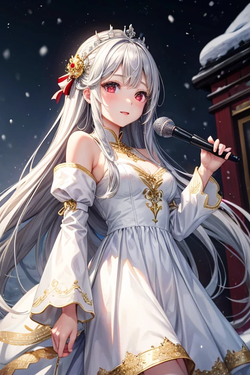 Queen、gray hair、white dress、gold decoration、red eyes、in the snow、sing a song