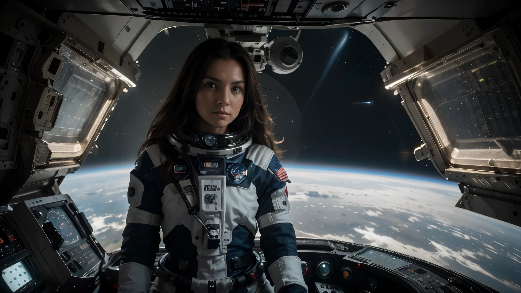 Toma de la astronauta a distancia, ((retrato de cuerpo completo)), ((toma de camara desde atras de la mujer)), a beautiful 24 year old brunette woman, ((In a spacesuit inside a space station)), ((se ve ingravida dentro de la nave espacial)), pelo largo flotando en el interior de la nave espacial, Cabello a la deriva en gravedad cero., piernas abiertas, frente al espectador, View of dark outer space and planet Earth in the window of the space station, ((vistiendo traje espacial ajustado de color rojo y balnco)), 4k extremely fotorrealista, uhd 4k highly detallado, ((ethereal lighting, ultra high resolution.fotorrealista:.1.4, (high detallado skin:1.2), 8k UHD, digital slr camera, alta calidad, film grain, Fujifilm XT3,(obra maestra) (Mejor calidad) (detallado) (cinematic lighting) (Sharp focus) (intrincado)