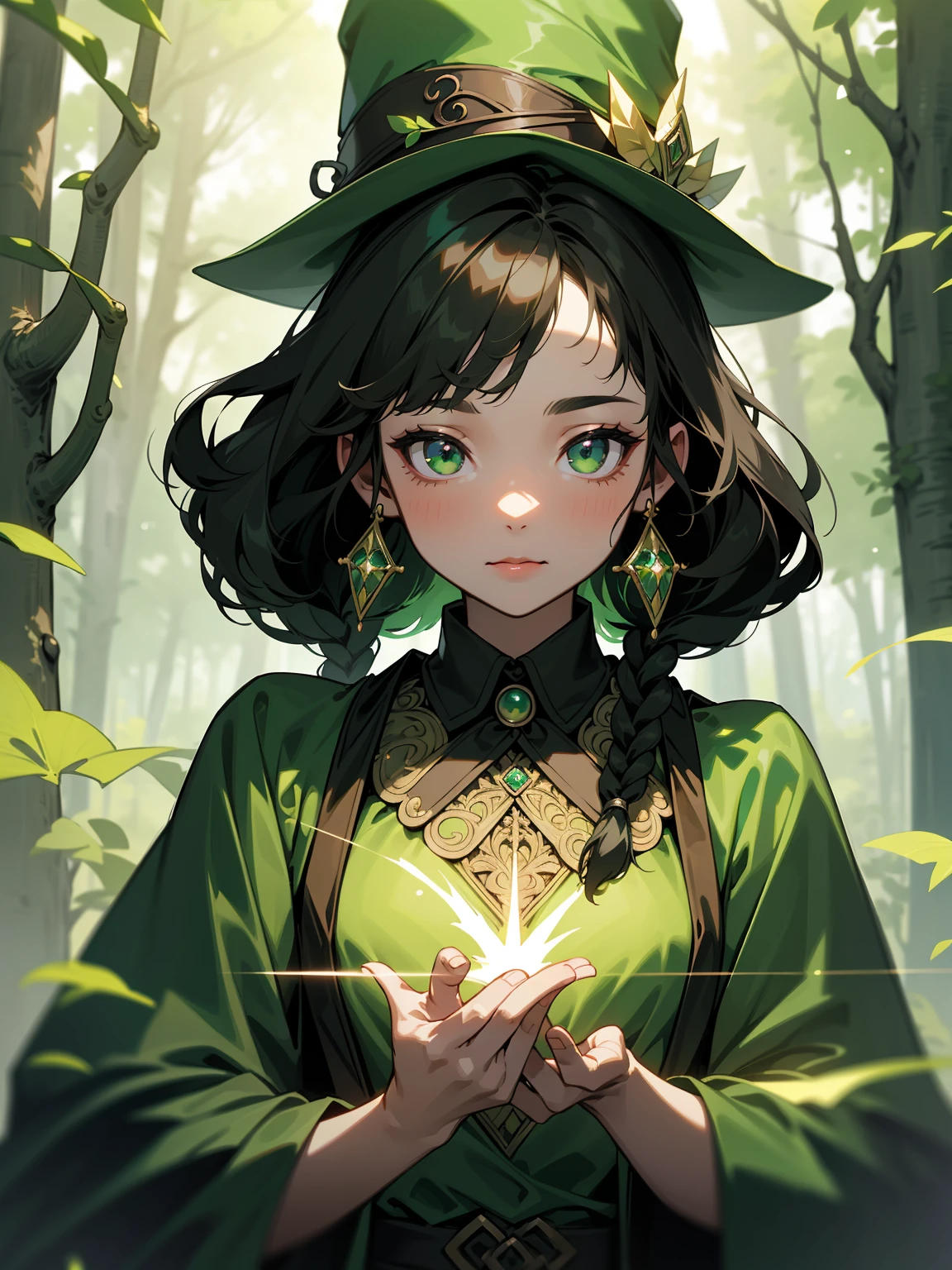 ( green witch robe and big green shirt,Cute girl with green witch big hat and braid, Cute black hair girl, Approx., short height, Dark hair , Green dressing gown, Split lips,Upper body, light Particle, forest, Intense sunlight,Effect of twinkling aerial light,Oversized shirt,lanthanum),masterpiece, top-quality, detailed skin textures, Detailed Cloth Texture, beautifull detailed face, intricate detailes, ultra-detailliert, Regina Display, Super Detail, high details, High quality, Best Quality, hight resolution, 1080p, in 8K,