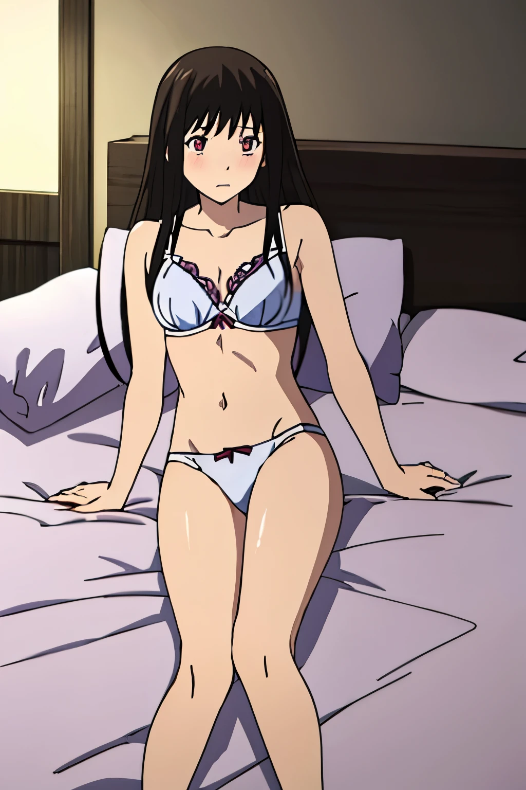 1girl, bangs, black hair, blush, bright eyes, looking at the viewer, medium breasts, solo, indoors, night, shiny skin, sad, beautiful, parfect anatomy, navel, white bra, naked white panties, perfect hands, bed, bedroom, lying, relaxing, pillow, blanket, cushion, thigh, indoor, on side, on bed