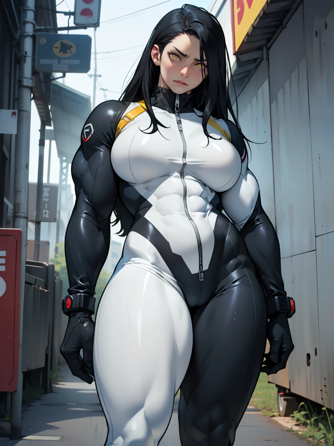 (1girl), black hair, extremely long hair, yellow eyes ((((((muscular)))))), (((huge breasts))), ((((thick thighs)))), solo, despair face, (pale skin), cowboy shot, (((full bodysuit)))