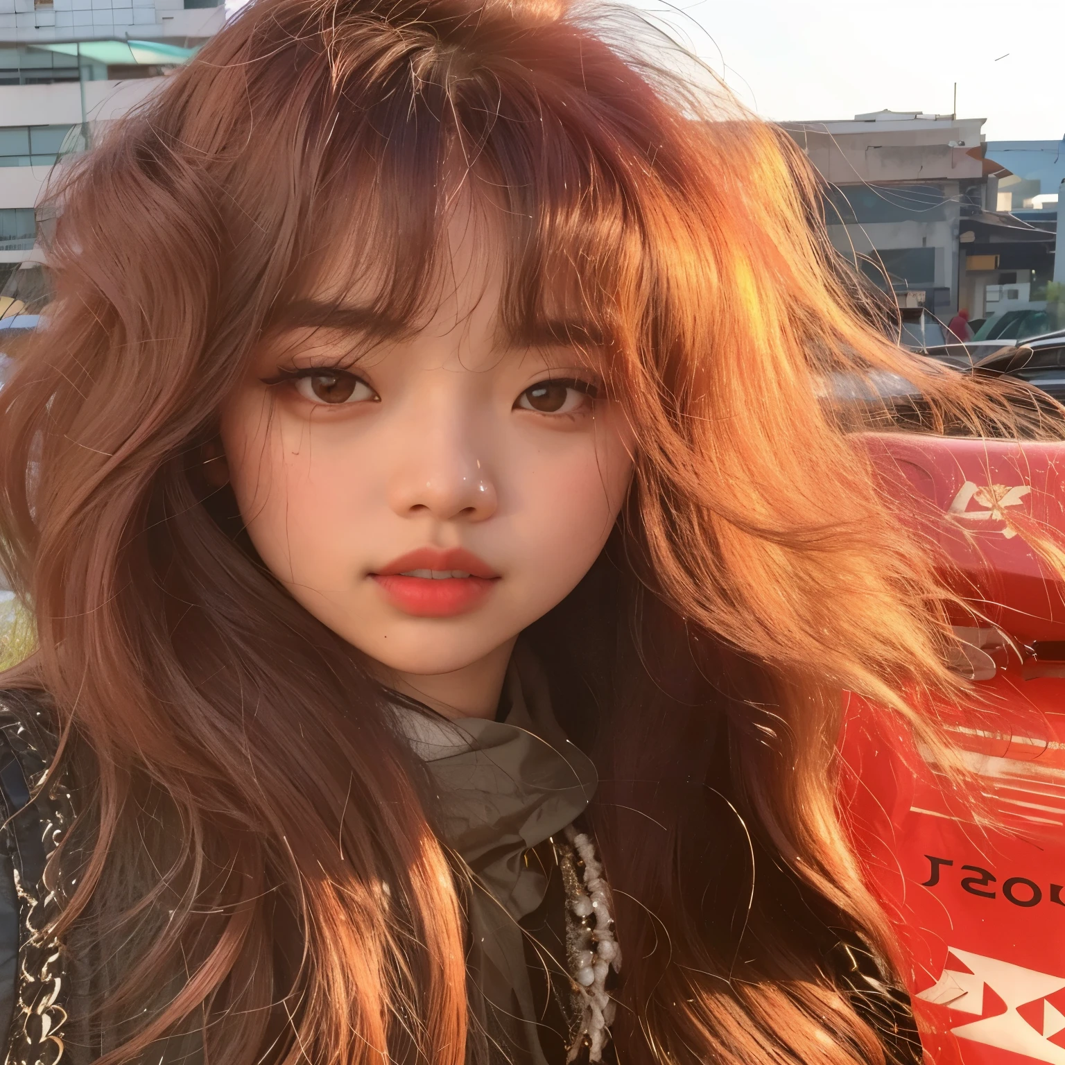 Mujer arafed con cabello largo parada frente a una boca de incendios roja, ulzzang, Jinyoung Shin, joven y adorable rostro coreano, Lalisa Manobal, con cara redonda, pale round face, muchacha coreana, Young cute pale asian face, flequillo esponjoso, pale korean adorable face, jennie rosa negro, primera ola, hermosa cara redonda, jaeyeon nam