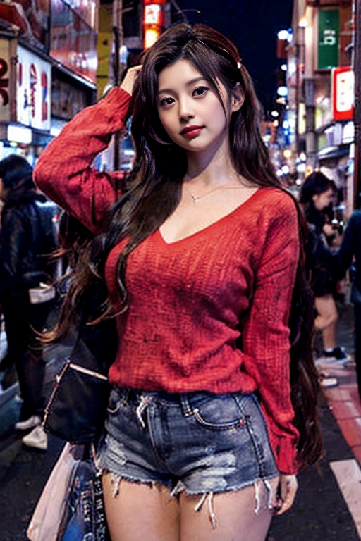 lady, posing seductively to viewer, solo:1, pov, beautiful thick thighs,
red light akihabara district background, long hair, 3/4 body, V neck mini hot shorts
