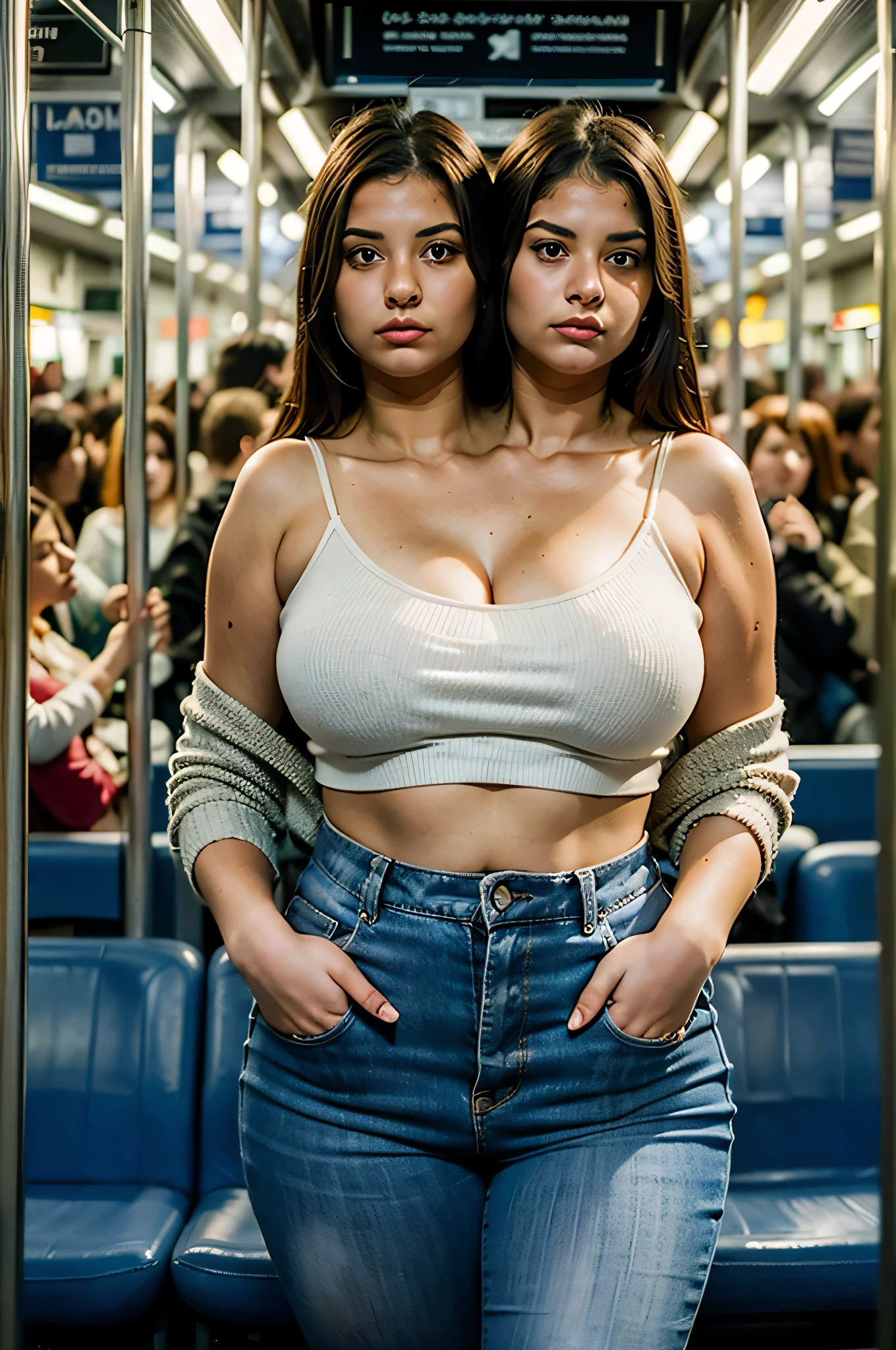 2heads, two headed girl, age 20, curvy, in crowded train station, waiting for train, listening to music on earphones, realistic,