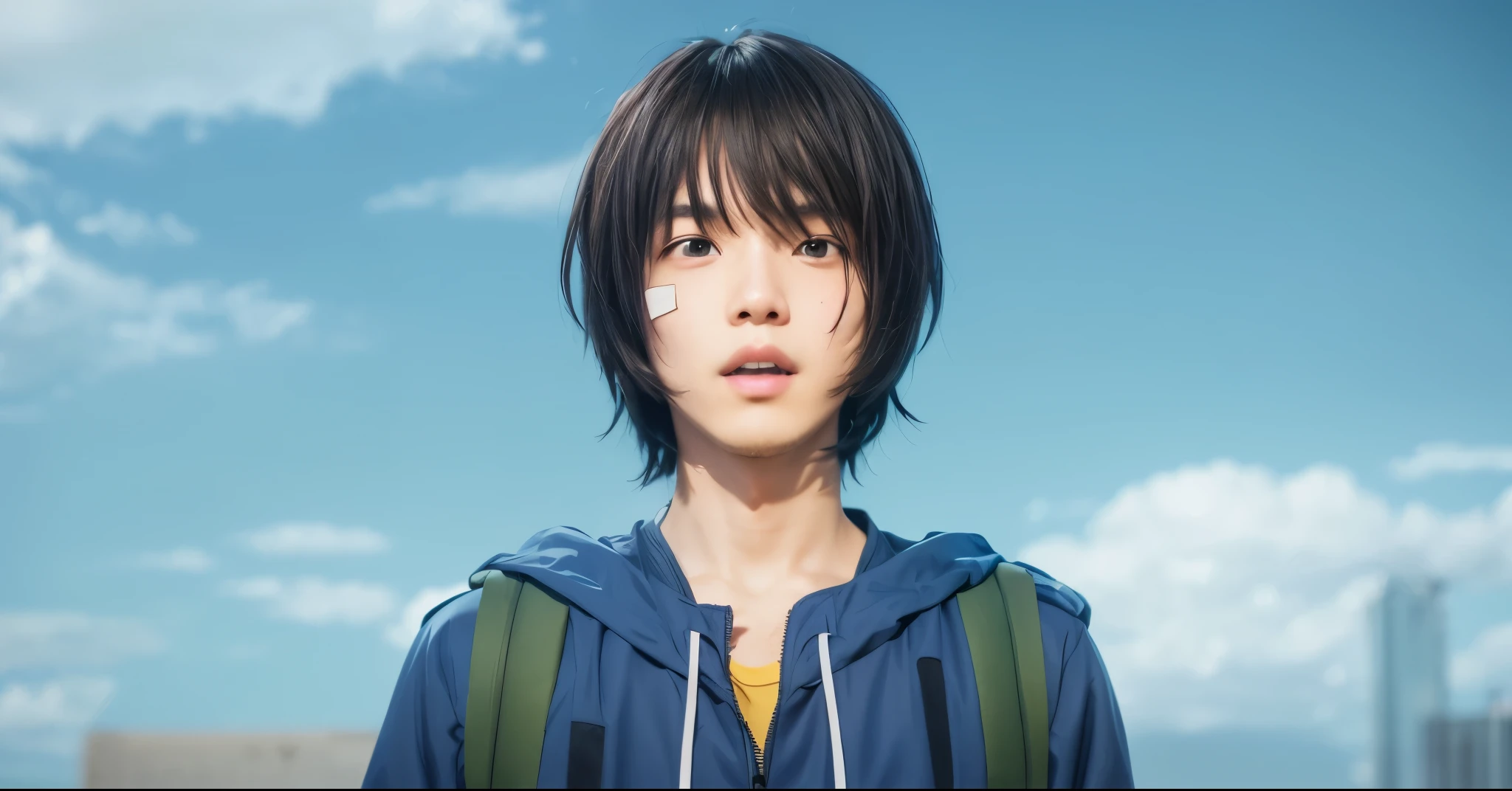 young man with dark hair short He is wearing a blue jacket over a yellow shirt. There are also two white band-aids on the character's face