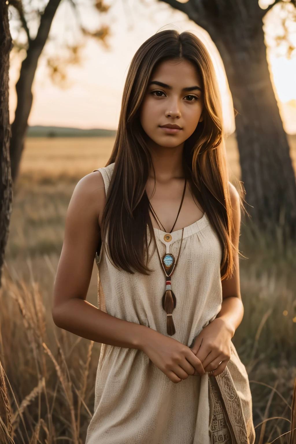 (masterpiece, highest quality, highest resolution, distinct_image, detailed details, photography, 8k, hd): (Solo, lone girl, ((native american)), girl, 20 years old, grass plain, golden hour, 1890s, beautiful girl, burlap sack clothes, sleeveless, long hair, straight hair, olive skin, tan skin, close up, looking at camera, looking at viewer)