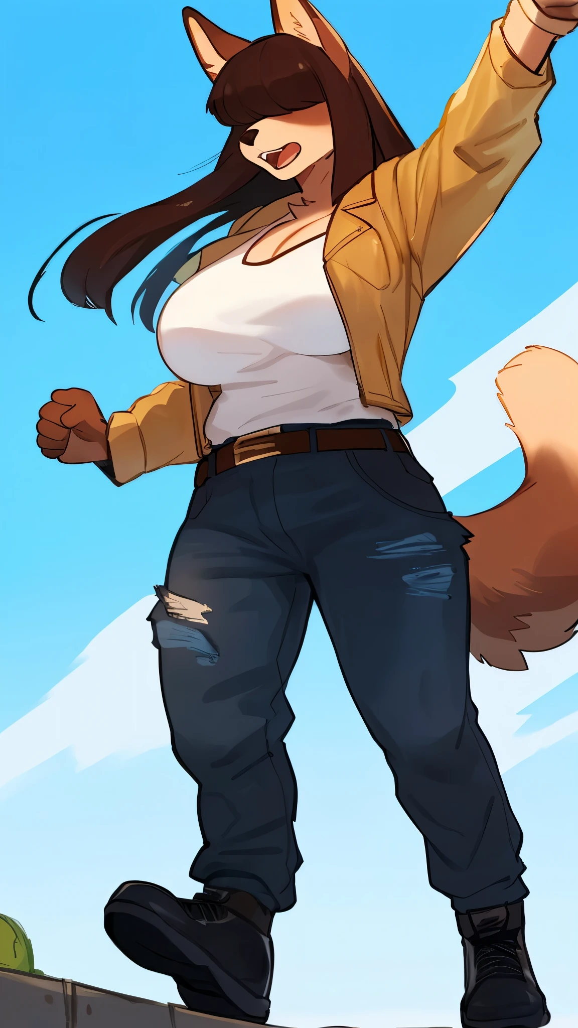 By bebebebebe, by lostgoose, by goonie-san, female, ((canine, snout, hair covering eyes, straight hair, medium hair, flat hair, ears, thin snout)), brown fur, big poofy tail, raised tail, dark maroon hair, ((muscular, big breasts)), solo, facing viewer, ripped denim jacket, brown cargo pants, black leather belt, black shoes, cheering, jumping, excited, open mouth, rundown city