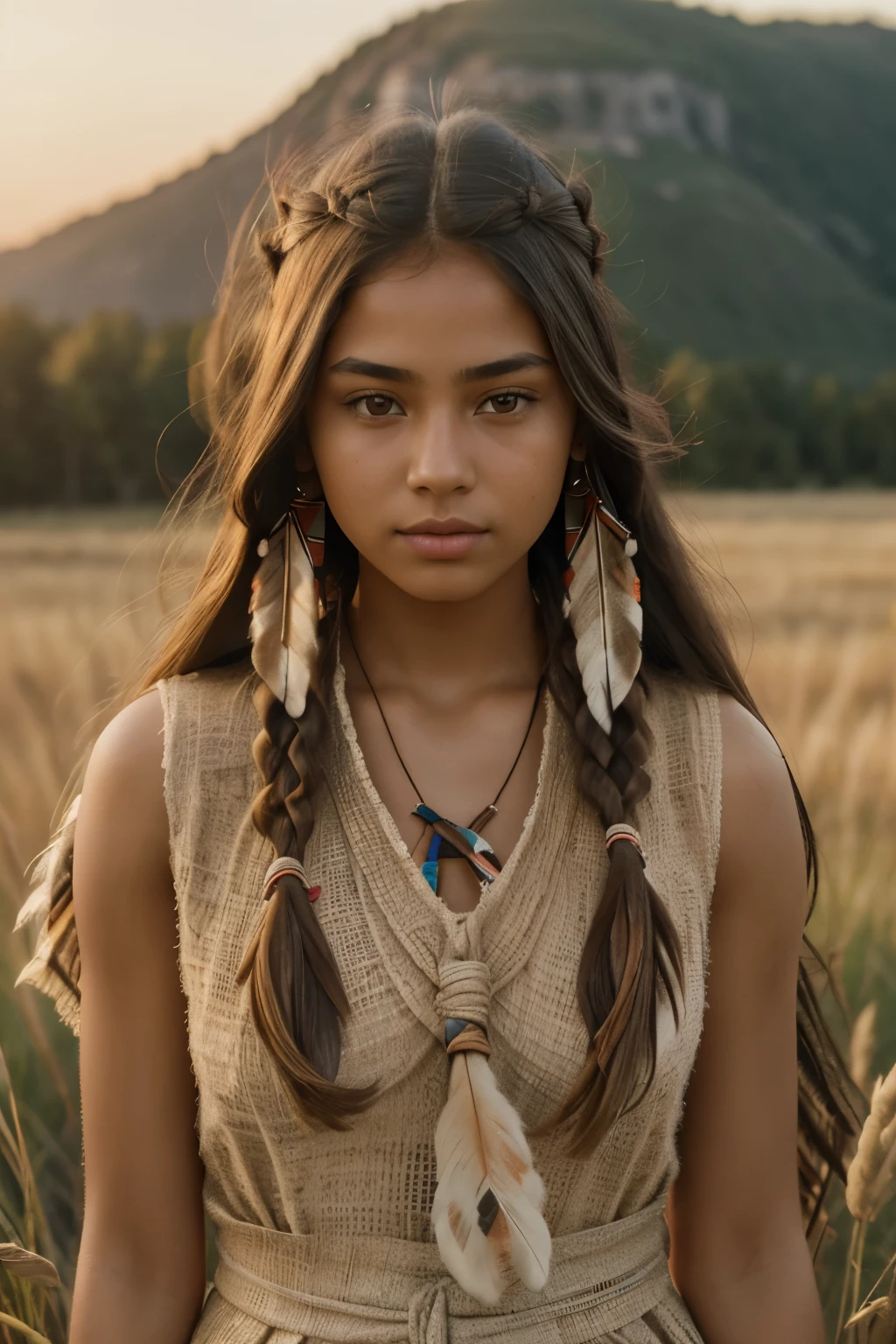 (masterpiece, highest quality, highest resolution, distinct_image, detailed details, photography, 8k, hd): (Solo, lone girl, ((native american)), girl, 20 years old, grass plain, golden hour, 1890s, beautiful girl, burlap sack clothes, sleeveless, long hair, straight hair, olive skin, tan skin, close up, looking at camera, looking at viewer)
