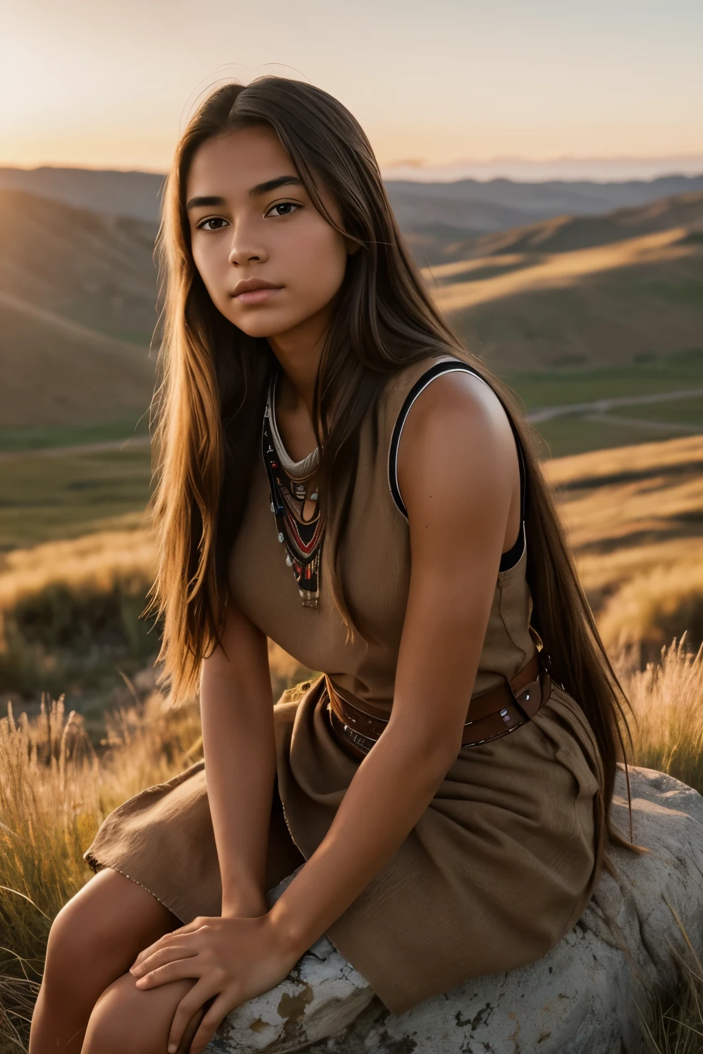(masterpiece, highest quality, highest resolution, distinct_image, detailed details, photography, 8k, hd): (Solo, lone girl, ((native american)), girl, 20 years old, sitting on top of boulder, grass plain, golden hour, 1890s, beautiful girl, burlap sack clothes, sleeveless, long hair, straight hair, olive skin, close up)