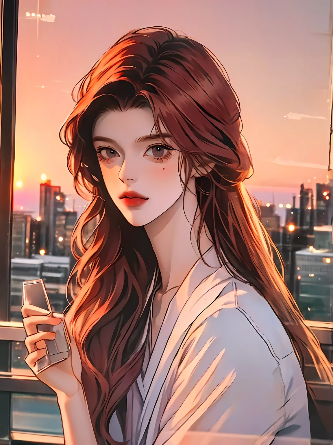 Boy studying with sunset on his window, anime, he lives in a building.