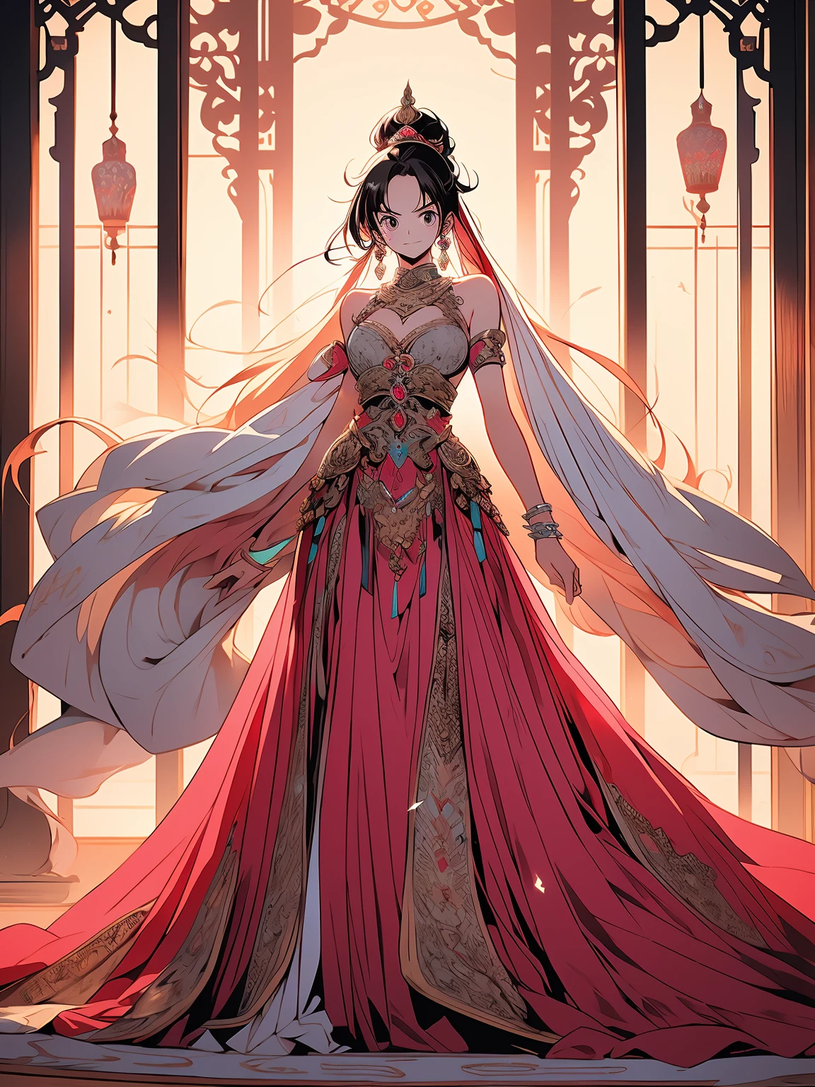Ultra detailed illustration of pink hair ponytail top not flamboyant handmaiden wearing a pink red belly dancer dress, wearing red abbot head covering, jewelries, material girl, blushing, loving gaze, dancing in a pavilion of ((silk rugs pillow)) at sunset desert oasis,, full body pose, ultra detailed faces, focus on faces, Arabian nights fantasy, fantasy environment, anime style, ((overload merged with One Piece)) bright colors, worked cores, high saturation, hyper detail, high quality, high details, deep color, very accurate