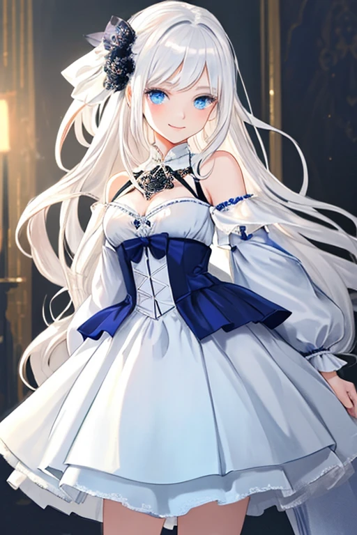 "Create a highly detailed and beautiful anime image of a solo girl with white hair and blue eyes, wearing a stylish and elegant outfit. The girl should have a sophisticated air about her, with perfect makeup, perfectly tousled white hair, and a soft, charming smile. Background elements should include luxurious fabrics, soft lighting, and a sense of elegance. The girl should be in the center of the image, with focus on the face, expression, and outfit design.