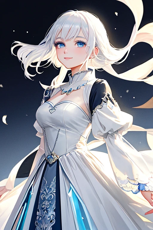 "Create a highly detailed and beautiful anime image of a solo girl with white hair and blue eyes, wearing a stylish and elegant outfit. The girl should have a sophisticated air about her, with perfect makeup, perfectly tousled white hair, and a soft, charming smile. Background elements should include luxurious fabrics, soft lighting, and a sense of elegance. The girl should be in the center of the image, with focus on the face, expression, and outfit design.