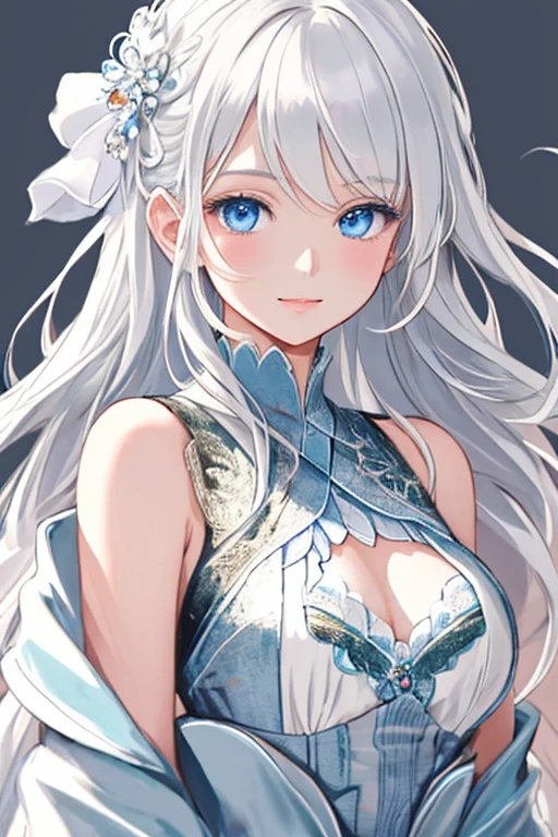 "Create a highly detailed and beautiful anime image of a solo girl with white hair and blue eyes, wearing a stylish and elegant outfit. The girl should have a sophisticated air about her, with perfect makeup, perfectly tousled white hair, and a soft, charming smile. Background elements should include luxurious fabrics, soft lighting, and a sense of elegance. The girl should be in the center of the image, with focus on the face, expression, and outfit design.