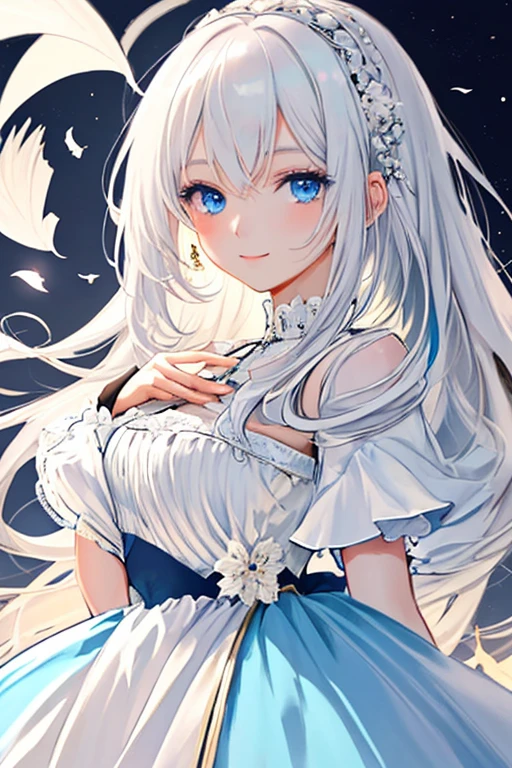 "Create a highly detailed and beautiful anime image of a solo girl with white hair and blue eyes, wearing a stylish and elegant outfit. The girl should have a sophisticated air about her, with perfect makeup, perfectly tousled white hair, and a soft, charming smile. Background elements should include luxurious fabrics, soft lighting, and a sense of elegance. The girl should be in the center of the image, with focus on the face, expression, and outfit design.