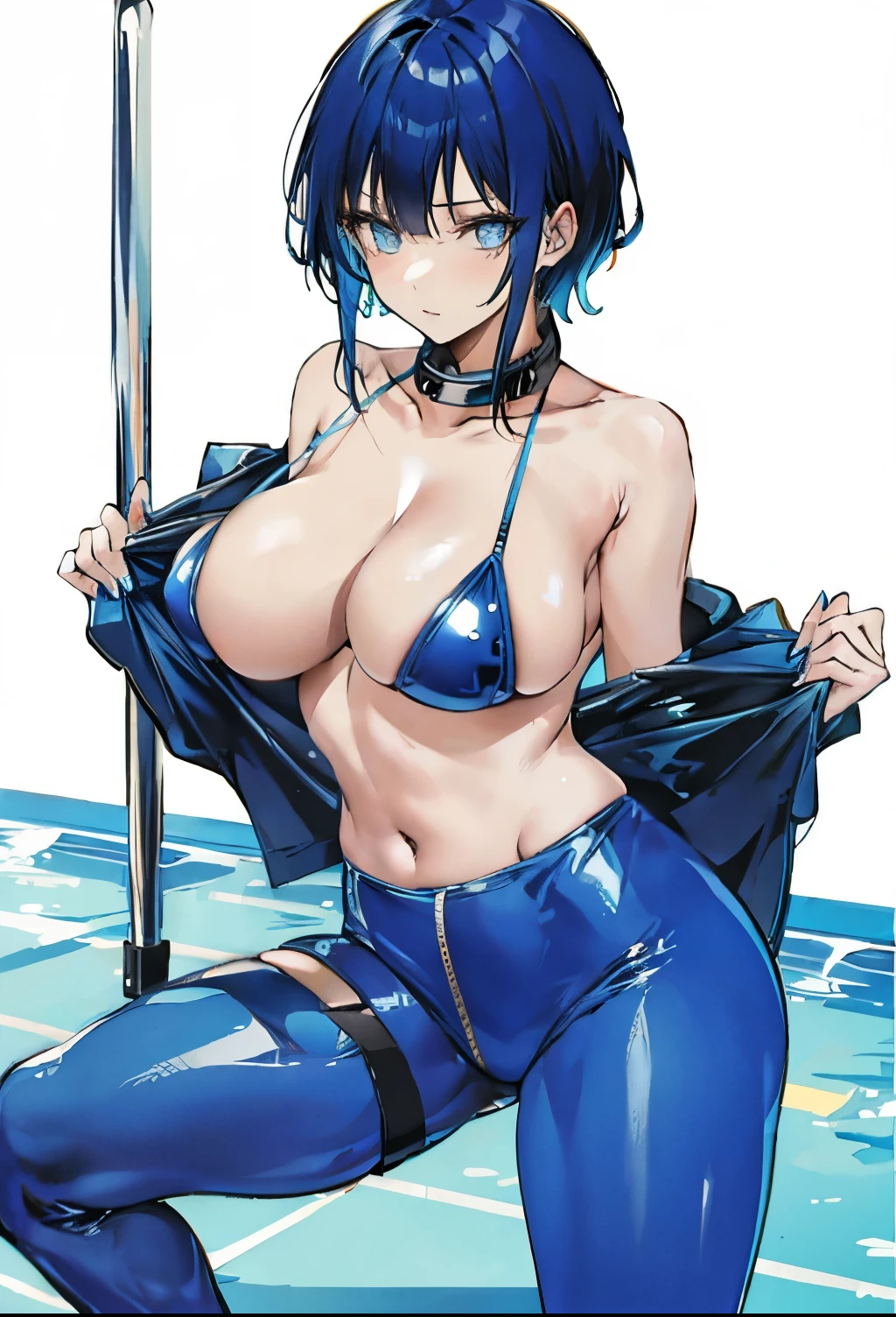 One-piece tights,Blue latex tights,Standing on the ground,huge tit,Slim , micro bikini , pool, sexy pose, fitness, topless, gran cuerpo, musculos