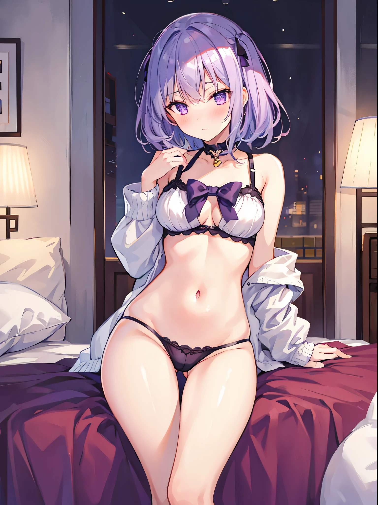 1girl , Silver medium hair, purple eyes, cute, blush, medium breasts, undergarment , bedroom, seductiv, streaks in underwear, open legs