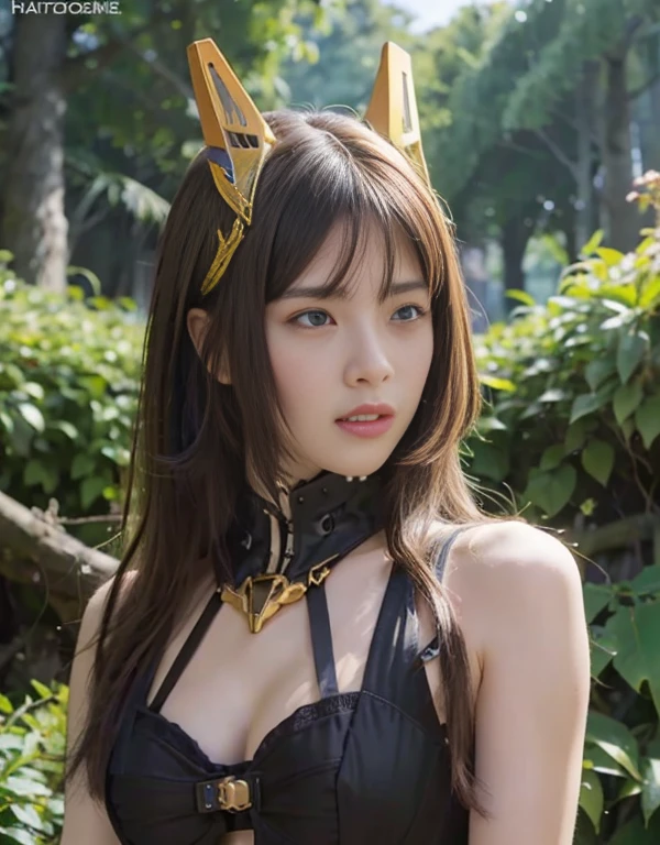 (1 Mechanical Girl)、top-quality、masterpiece、超A high resolution、(Photorealsitic:1.4)、Raw photo、1人、Golden hair、glowy skin、(((1 Mechanical Girl)))、(LED Lamp Mechanical Helmet)、(beautiful forest background)、Precipitous cliffs、(Small LED)、((super realistic details))、portlate、globalillumination、Shadow、octan render、8K、ultrasharp、Colossal tits、Raw skin exposed in cleavage、metals、Details of complex ornaments、Japan details、highly intricate detail、Realistic light、CGSoation Trends、Red Eyes、radiant eyeacing the camera、neon detailechanical limblood vessels connected to tubeechanical vertebrae attached to the back、mechanical cervical attaching to neck、(Wires and cables connecting to the head)、Gundam、Small LED、,Mechanical thighs、Toostock、black and gold clothes