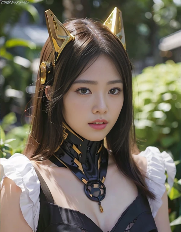 (1 Mechanical Girl)、top-quality、​masterpiece、超A high resolution、(Photorealsitic:1.4)、Raw photo、女の子1人、Golden hair、glowy skin、(((1 Mechanical Girl)))、（LED Lamp Mechanical Helmet）、(beautiful forest background)、Precipitous cliffs、(Small LED)、((super realistic details))、portlate、globalillumination、Shadow、octan render、8K、ultrasharp、Colossal tits、Raw skin  exposed in cleavage、metals、Details of complex ornaments、Japan details、highly intricate detail、Realistic light、CGSoation Trends、Red Eyes、radiant eyeacing the camera、neon detailechanical limblood vessels connected to tubeechanical vertebrae attached to the back、mechanical cervical attaching to neck、(Wires and cables connecting to the head)、Gundam、Small LED、,Mechanical thighs、Toostock、black and gold clothes