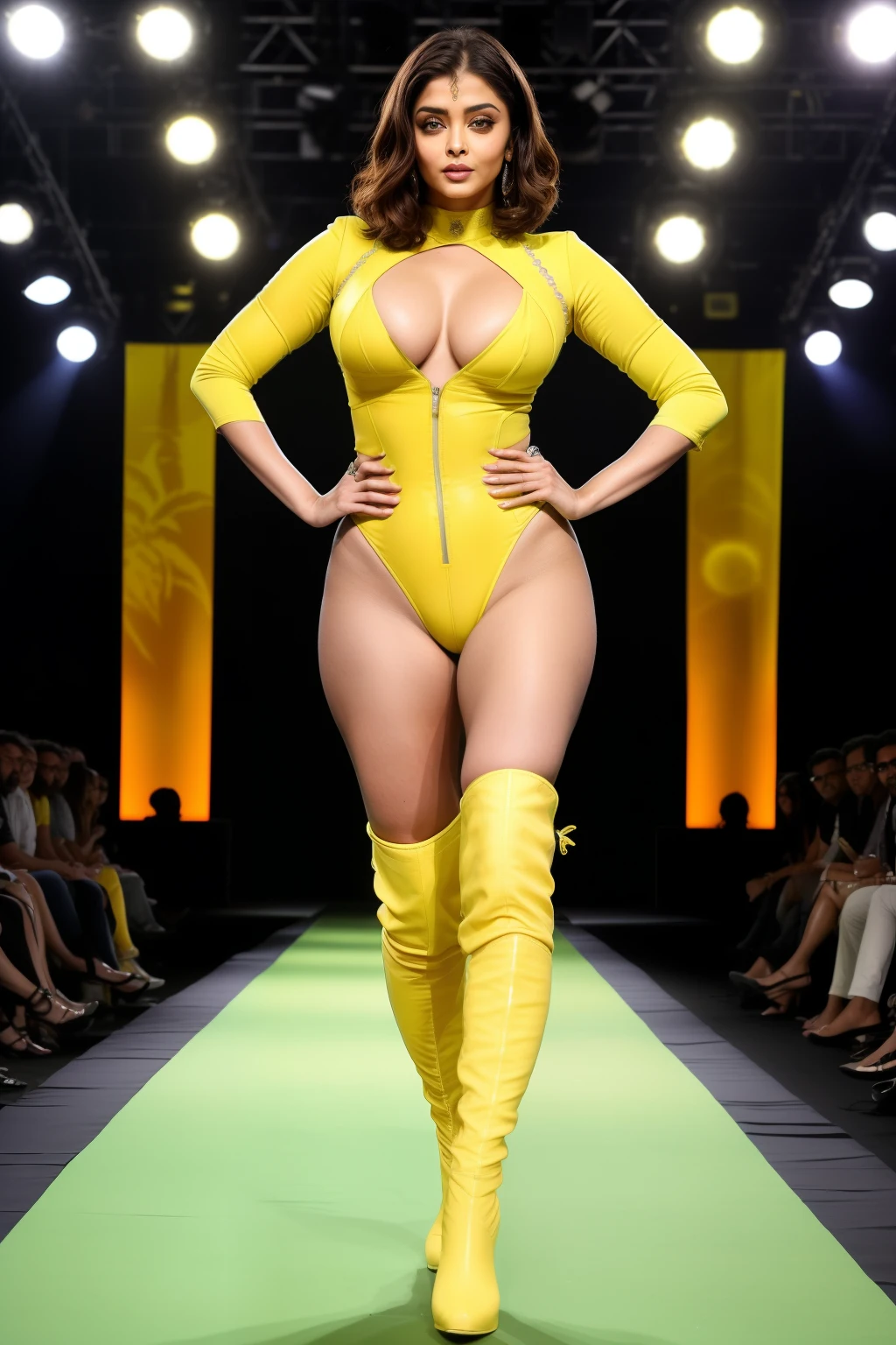 Full body photo of Aishwarya rai as bikini model, yellow micro bikini, (((knee high boots))), ((catwalk in ramp, surrounded by men)), bright day scene, mature athletic curvaceous hourglass figure, massive cleavage, look at camera, ((bob cut hair)), ((SEXY 50 yo MILF figure)), soft volumetric lights, intricate details, (ArtStation:1.2)