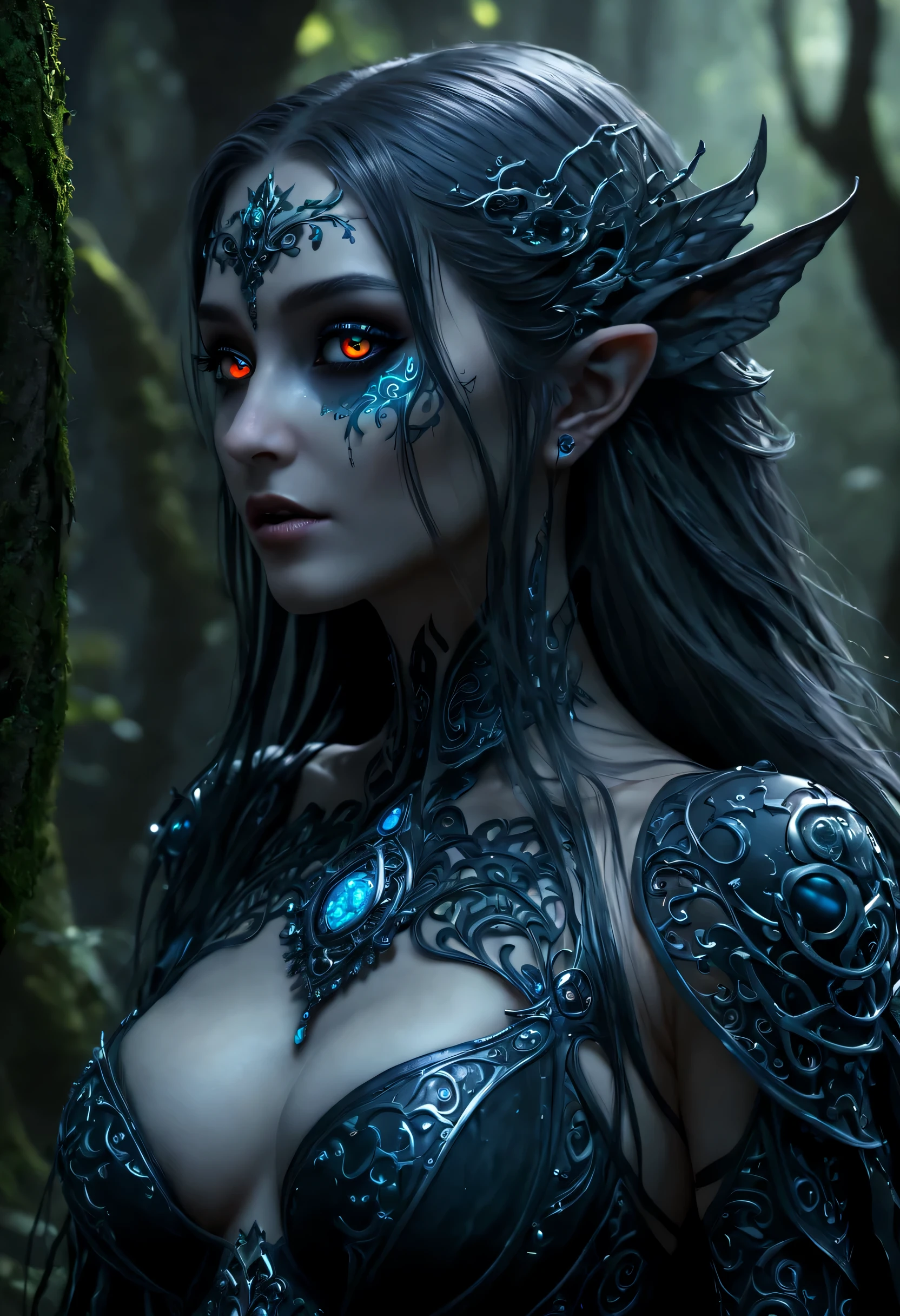 art by mooncryptowow, Futuristic elf with razor-sharp ears and glowing, technologically advanced eyes set against a backdrop of neon city lights, Draped in a shimmering, holographic robe imbued with intricate binary patterns, Symmetrical features, yet subtly glitched, showcasing the balance of advanced technology and organic elfin qualities, (highres:1.5), best quality, UHD, (masterpiece:1.5), 16k