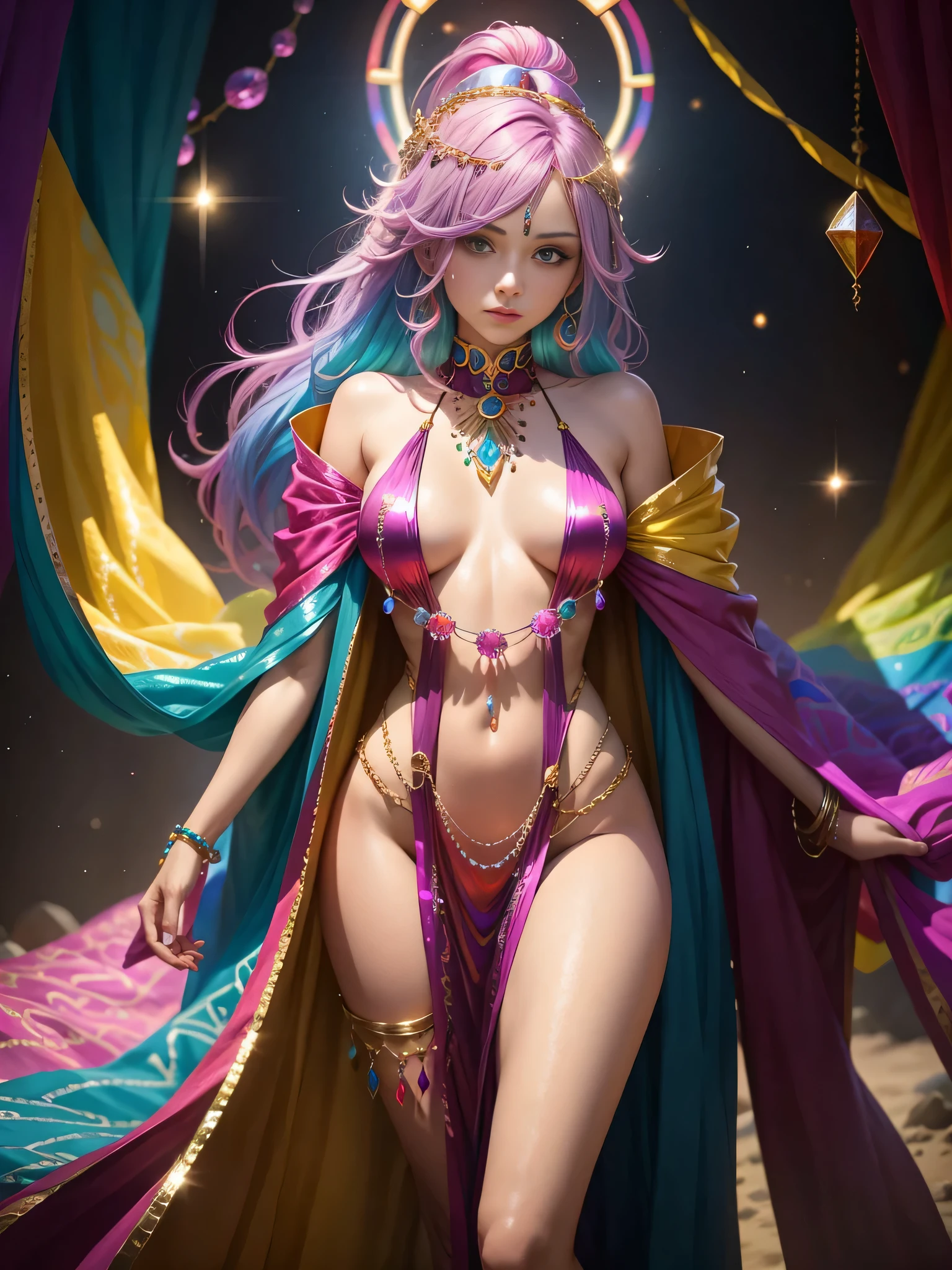 Colorful gems,a female mage,rainbow colored hair,Jeweled Robe,Perfect body,Microkini,All over sequins