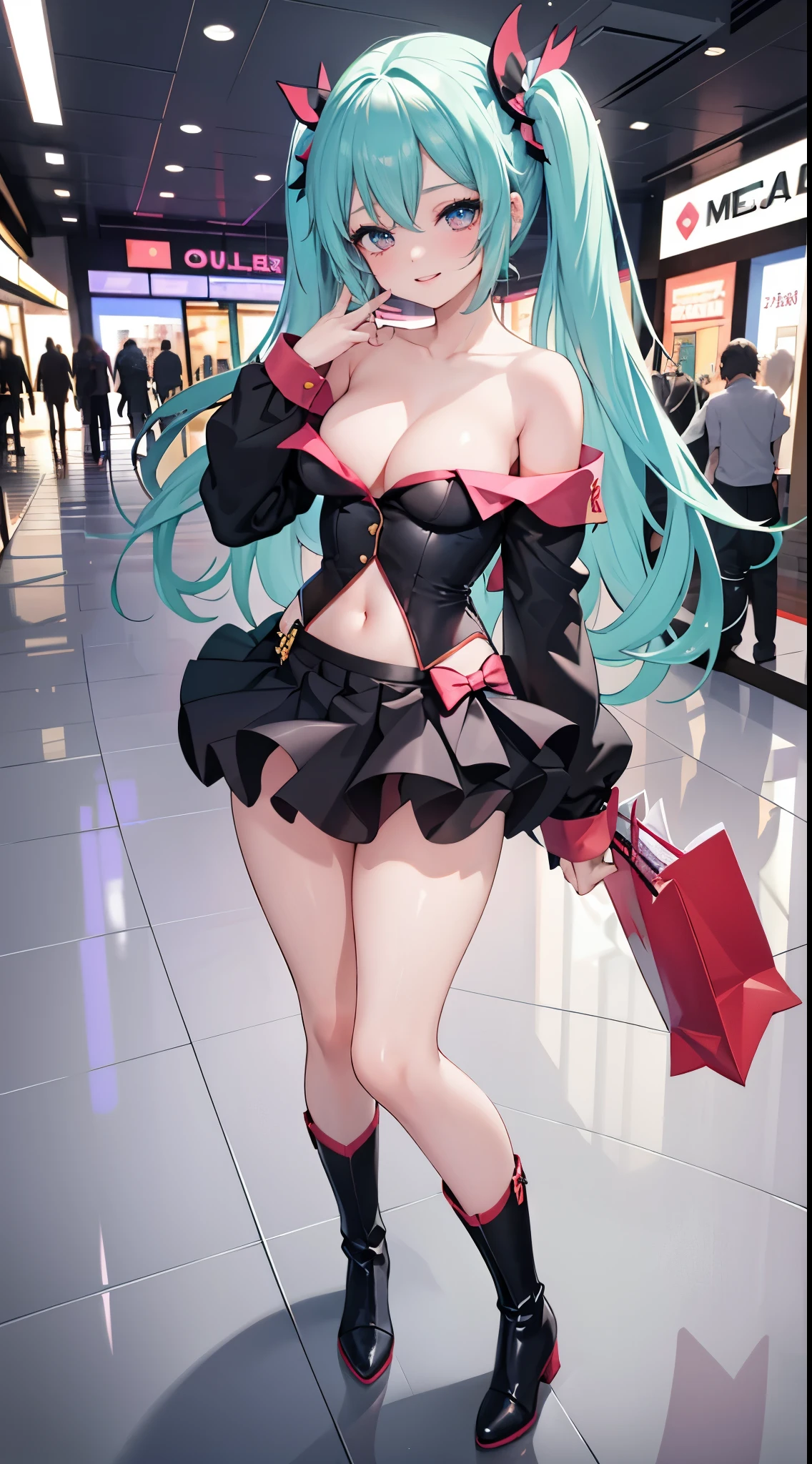 1girl,solo,standing,large breasts, cleavage, 
Small skirt, off shoulder, navel, lace-trimmed legwear, arms at sides,  boots, light smile, hatsune miku, full body veiw, in a modern shopping mall, lewd, have , masturbation, lewd, , ngực trần, thấy ngực, lộ vú, vú, breasts, naked, naked girl, ngực siêu to, lộ bầu ngực, ngực lộ ra, ahegao,