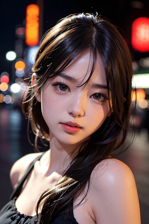 1girl, Tokyo street,night, cityscape,city lights, upper body,close-up, 8k, RAW photo, best quality, masterpiece,realistic, photo-realistic,
