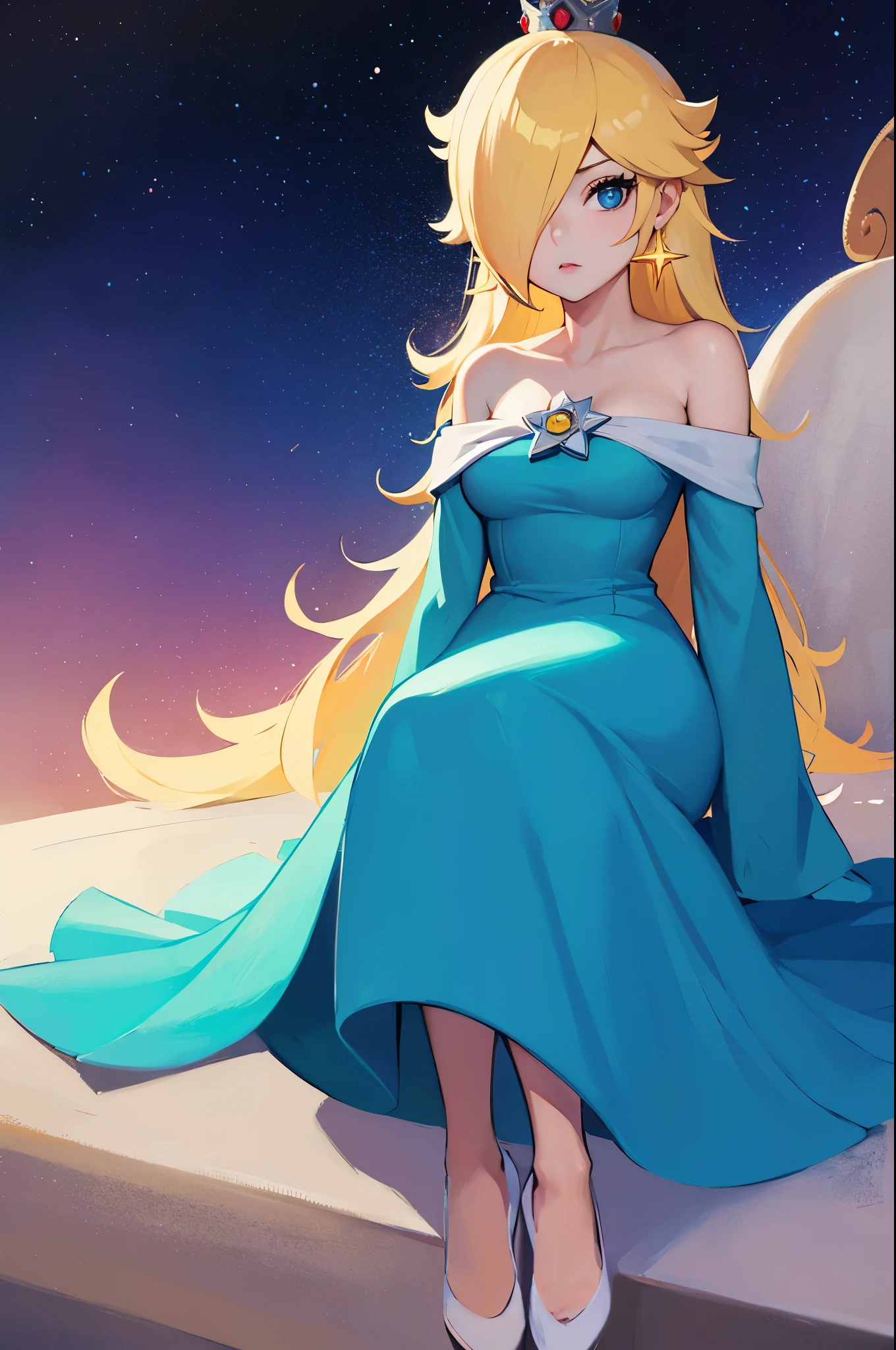 (masterpiece), best quality, expressive eyes, perfect face, highres, 1 girl, solo, rosalina, blonde hair, blue eyes, hair over one eye, long hair, blue dress, crown, dress, earrings, jewelry, princess, robe, bare shoulders, crossed legs, star earrings, space, starry background, glowing particles, good illumination, sitting, portrait, looking at the viewer