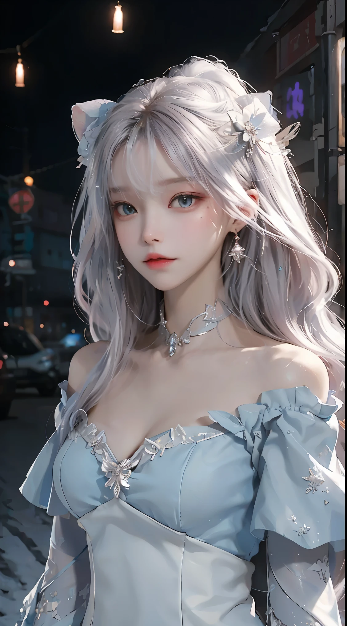 ((best qualtiy)), ((tmasterpiece)), (detail:1.4), Beautiful cyberpunk Japan woman image,sixteen years old, nffsw(HighDynamicRange),Ray traching,NVIDIA RTX,Hyper-Resolution,illusory 5,Sub-surface scattering,PBR Textures,post processed,Anisotropy Filtering,depth of fieldaximum definition and sharpnesulti-layer texture,Albedo e mapas Speculares,Surface Colorinitsu-Accurate simulation of material interactions,Perfectly proportioned,rendering by octane,Two-colored light,Large aperture,Low ISO,White Balance,Rule three points、8K raw data、Beautiful bright red pupils,Off-the-shoulder clothing,Fine pupils,Delicate face and eyes,long eyelasher,Blushlush,Delicate and fluffy hair,Light blue gradient on gray hair,lip,pure,Cute face,Sweet girl,Artistic sense,Casual wear,Advanced Sense,Snowflake,flower petals,Snowflake,Briar snow background, Beautiful Hair Accessories,long hair and waist,Hair fluttering in the wind,Snow White cat ears, Curly