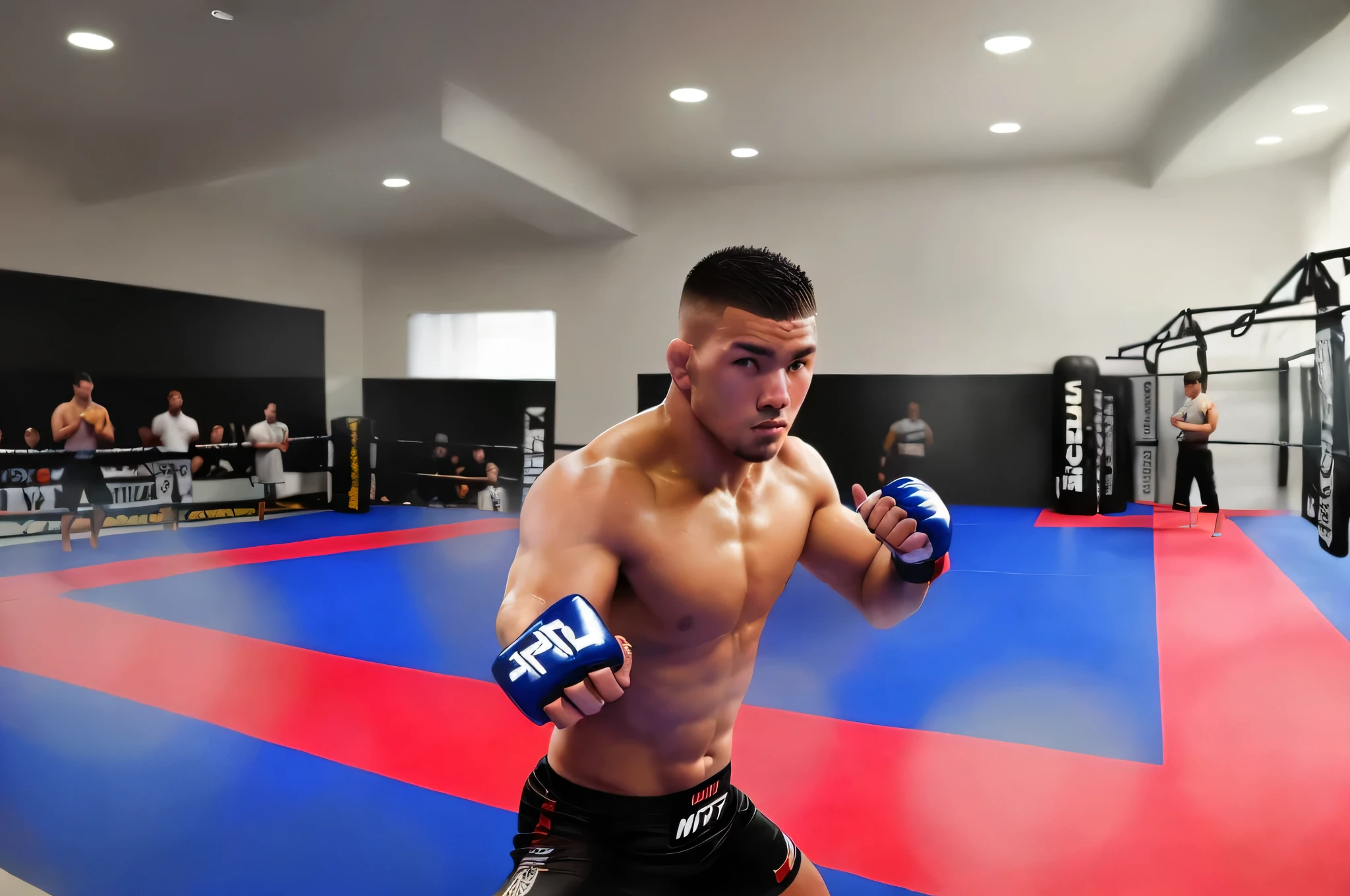 (A man goes to the gym),(fighting stance,mixed martial arts, left handed posture),(Get in a fighting stance,mixed martial arts)