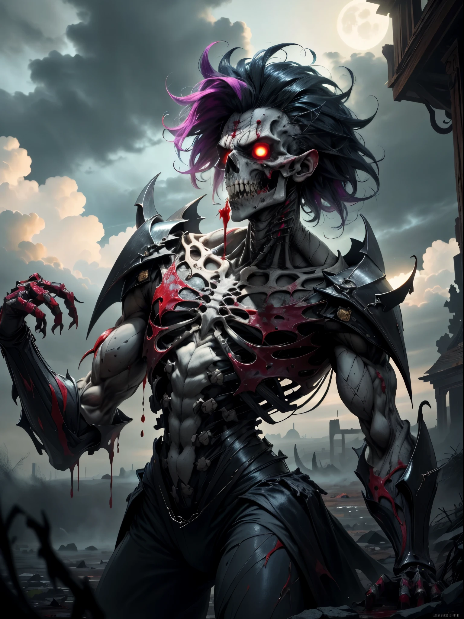 Stunning illustration, zombie multicoloured-Vampire emerges from the darkness with a bloody skeletal, decomposed figure, ahora desgastado y desgarrado. Their pale, decomposed skin shows visible bones and blood in some areas, while muscles and blood, mostly consumed, apenas sostienen su estructura. Sus ojos, una vez vivaces, now they are empty and opaque, surrounded by dark circles that accentuate their macabre nature.El traje, manchado de sangre seca y mugre, cuelga de su cuerpo en jirones, revelando hueso y carne muerta en varios puntos. Aunque su aspecto es espeluznante, Arachnid agility is still discernible in its hunched posture and in the remains of cobwebs clinging to its multicoloured body..paisaje nocturno y siniestro, con una luna llena brillante pero distorsionada, rodeada de nubes ominosas y tormentosas. Faint rays of light filter through the clouds, bathing the zombie with blood multicoloured-Vampire in spectral illumination.
