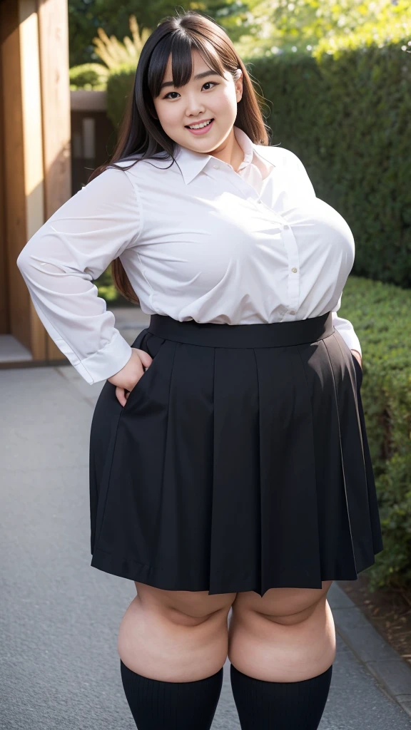 realistic depiction、super obeseのjapanese woman、super obese、super big breasts、Weight 300kg、very fat woman、Fat woman wearing a white collared shirt、black bra、japanese woman、laughter、Tight Skirt、outdoor、a bit、little woman、His height is only 145cm、short legs