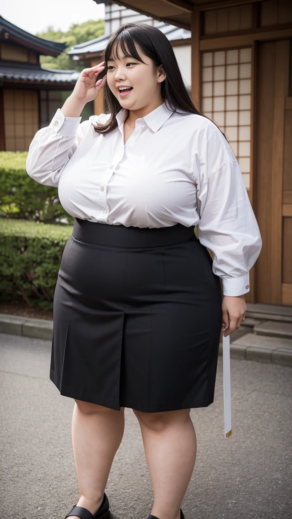 realistic depiction、super obeseのjapanese woman、super obese、super big breasts、Weight 300kg、very fat woman、Fat woman wearing a white collared shirt、black bra、japanese woman、laughter、Tight Skirt、outdoor、a bit、little woman、His height is only 145cm、short legs