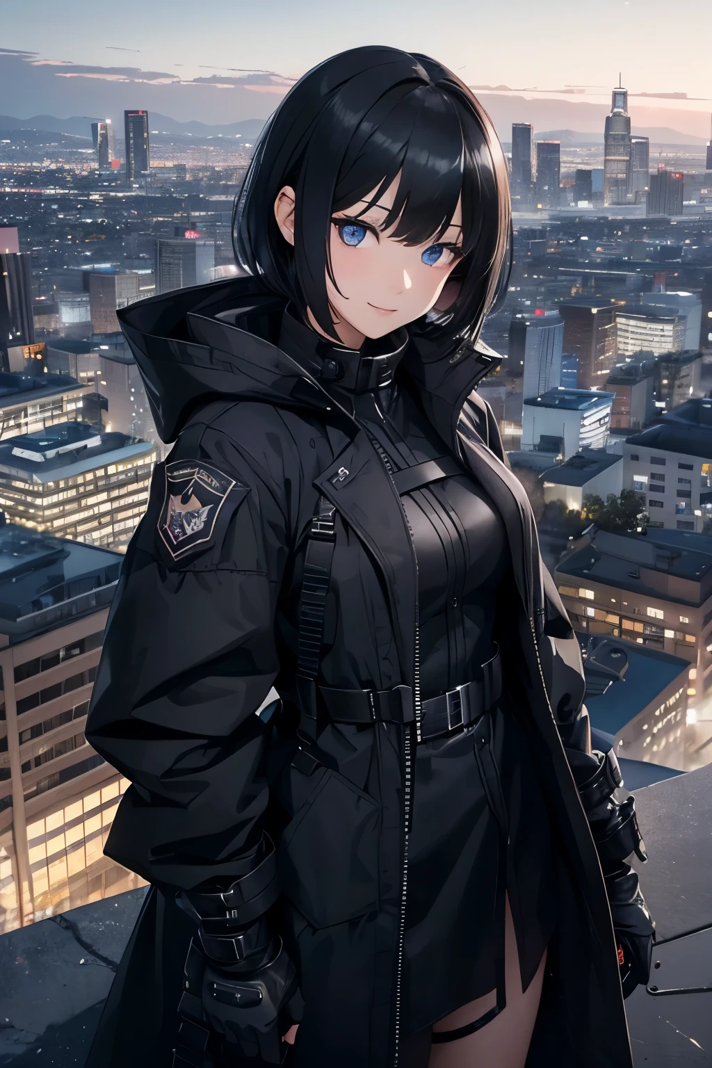 woman(solo)、messy black short wolf cut、long bangs、Narrow and sharp eyes、blue eyes、tall、black tactical coat、smart outfit、villain's smile、Dolls Frontline 、Sangvis Kozo、intruder、city of los angeles、night background、Smart Poses、high resolution、high quality、8K quality