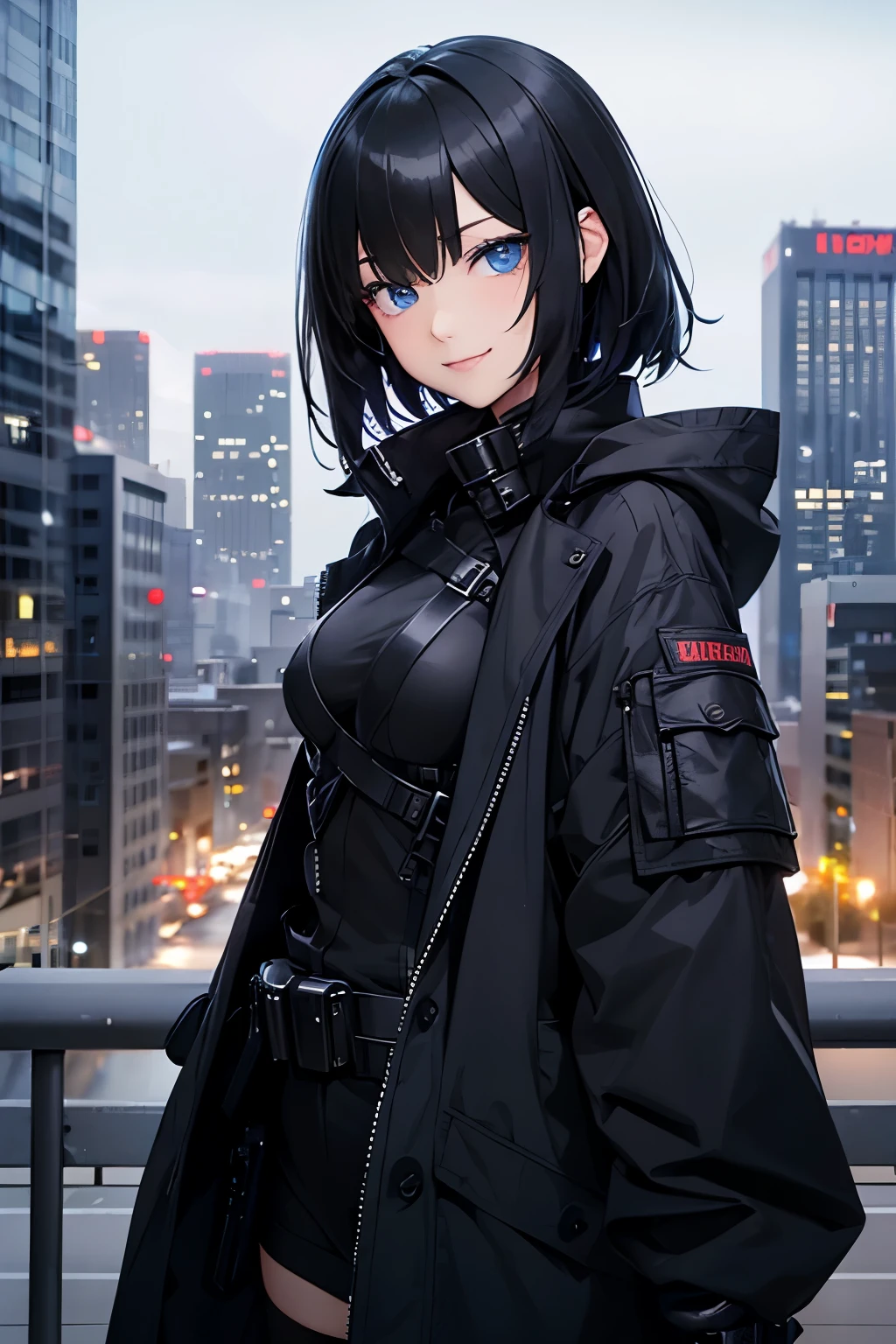woman(solo)、messy black semi-short hair、Narrow and sharp eyes、blue eyes、tall、black tactical coat、smart outfit、villain's smile、Dolls Frontline 、Sangvis Kozo、intruder、city of los angeles、night background、Smart Poses、high resolution、high quality、8K quality