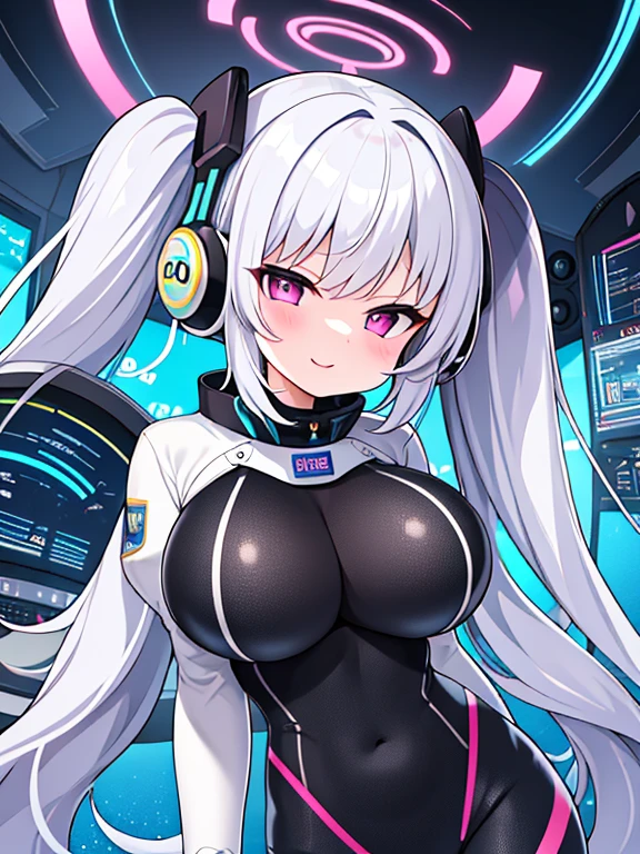 very detailed、masterpiece、high quality、one high school girl、、Loli、(white blue space suit)、front zipper、(Futuristic, Tight Fit Bodysuit)、headphone、Cyberpunk space station interior background、(colorful light blue hair),ロングtwin tails, (pink eyes), change,twin tails,sassy change,cheey change,mesugaki,girl,天才girl、(big breast):1.0,(blush):1.1、halo、