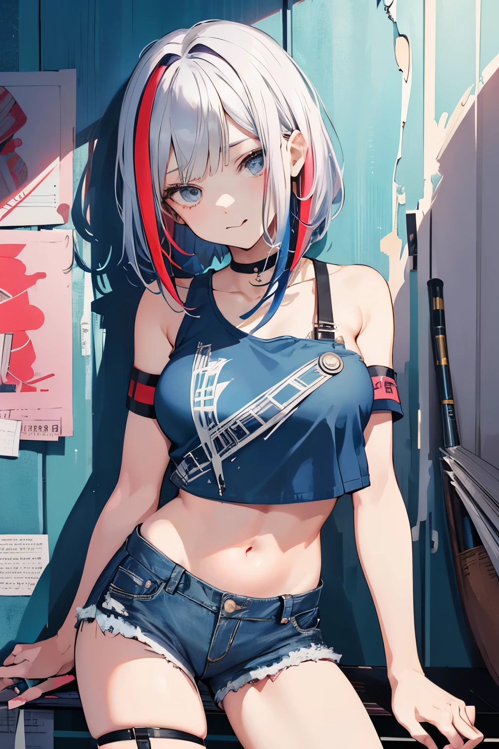 ((Masterpiece)), ((best quality)), (super detailed), cute teenage girl, (tongue out), absurdres,1girl, solo, streaked hair, (cute crop top), denim shorts, choker, (papercut:1.5), paint splatter, (slouching), leaning back, against wall, (leaning to the side), looking at viewer, armband, thigh strap, streaked hair, upturned eyes, head down, head tilt, bored, (expressionless:0.75)