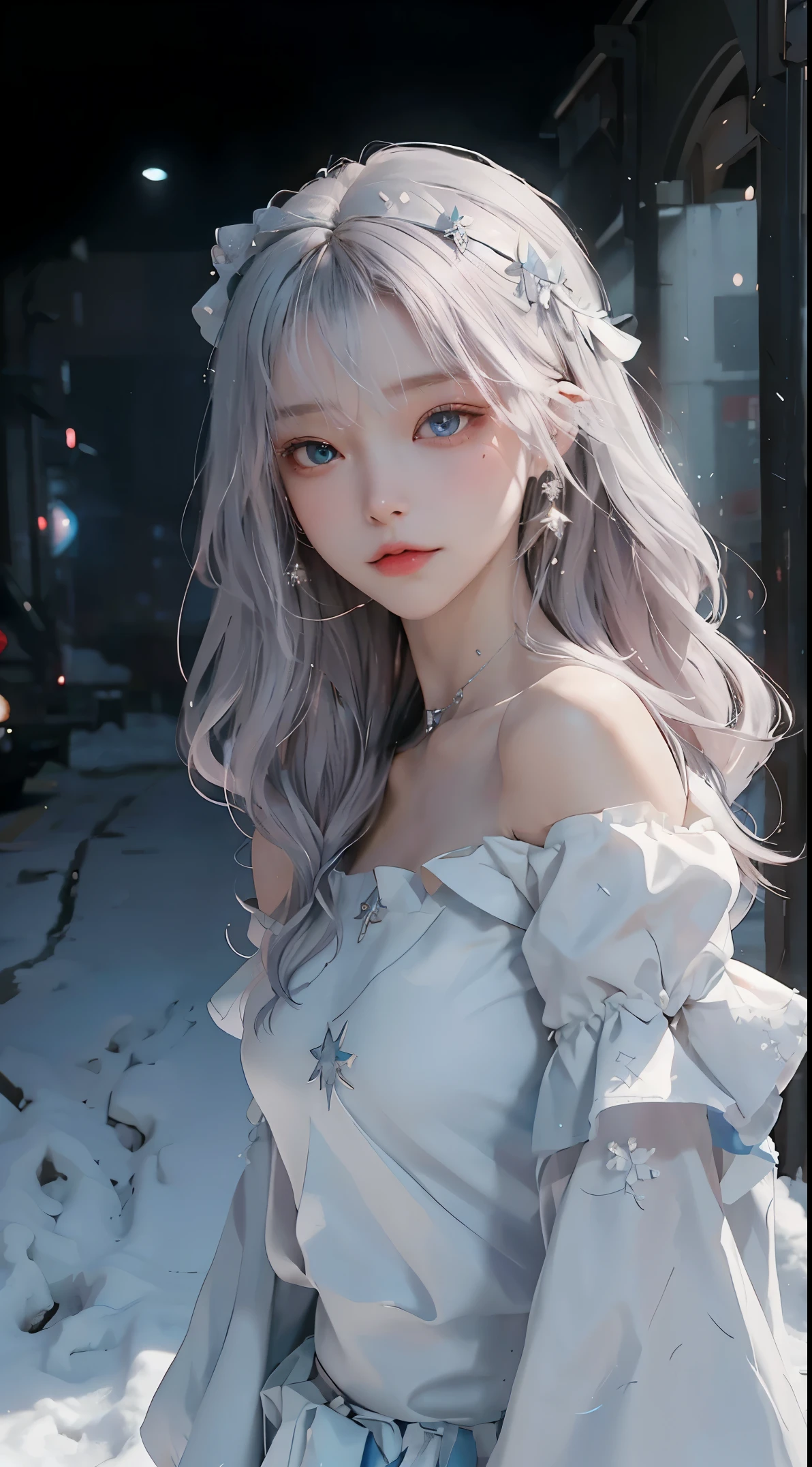 ((best qualtiy)), ((tmasterpiece)), (detail:1.4), Beautiful cyberpunk Japan woman image,sixteen years old, nffsw(HighDynamicRange),Ray traching,NVIDIA RTX,Hyper-Resolution,illusory 5,Sub-surface scattering,PBR Textures,post processed,Anisotropy Filtering,depth of fieldaximum definition and sharpnesulti-layer texture,Albedo e mapas Speculares,Surface Colorinitsu-Accurate simulation of material interactions,Perfectly proportioned,rendering by octane,Two-colored light,Large aperture,Low ISO,White Balance,Rule three points、8K raw data、Beautiful bright red pupils,Off-the-shoulder clothing,Fine pupils,Delicate face and eyes,long eyelasher,Blushlush,Delicate and fluffy hair,Light blue gradient on gray hair,lip,pure,Cute face,Sweet girl,Artistic sense,Casual wear,Advanced Sense,Snowflake,flower petals,Snowflake,Briar snow background, Beautiful Hair Accessories,long hair and waist,Hair fluttering in the wind,Snow White cat ears, Curly