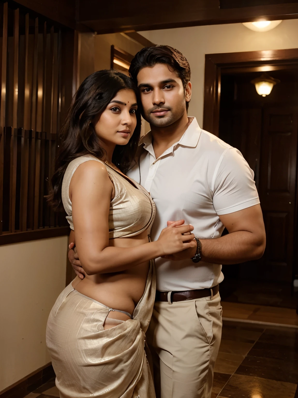 curvy brown middle aged Indian woman with chubby cheeks in saree and handsome hunky young white caucasian man