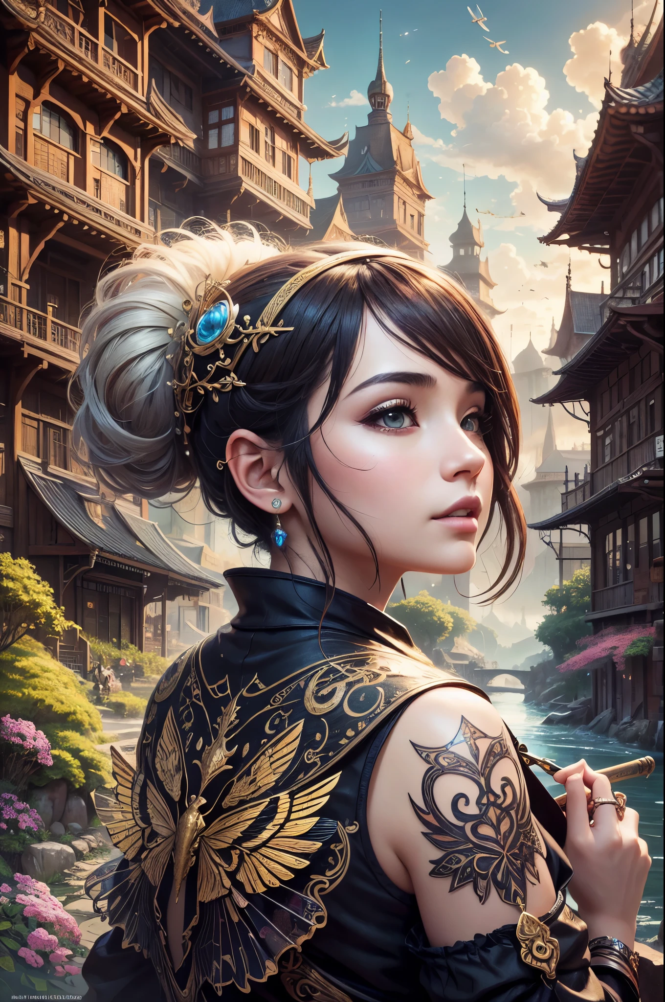 (((Multiplayer, Man and Woman))), Best Quality, Realistic, Realistic, Award-Winning Illustrations, (Intricate Details: 1.2), (Fine Details), (Intricate Details), (Cinematic Light, Best Quality Backlight), Clear Lines, Sharp Focus, Official Art, Unity 8k Wallpaper, Ridiculous, Incredibly Ridiculous, Fantasy Art, RTX, ((Award-winning Studio Close-up Photo)), 1 Boy, (Shut Up), Best Quality, 4K, beautiful mysterious creatures, female, flying, surrealism, masterpiece of NCWINTERS, in mysterious country town, masterpiece, intricate details, ff14style, painting, bridge, river, Insect Wings,Bamboo Forest, landscape, bright colors,