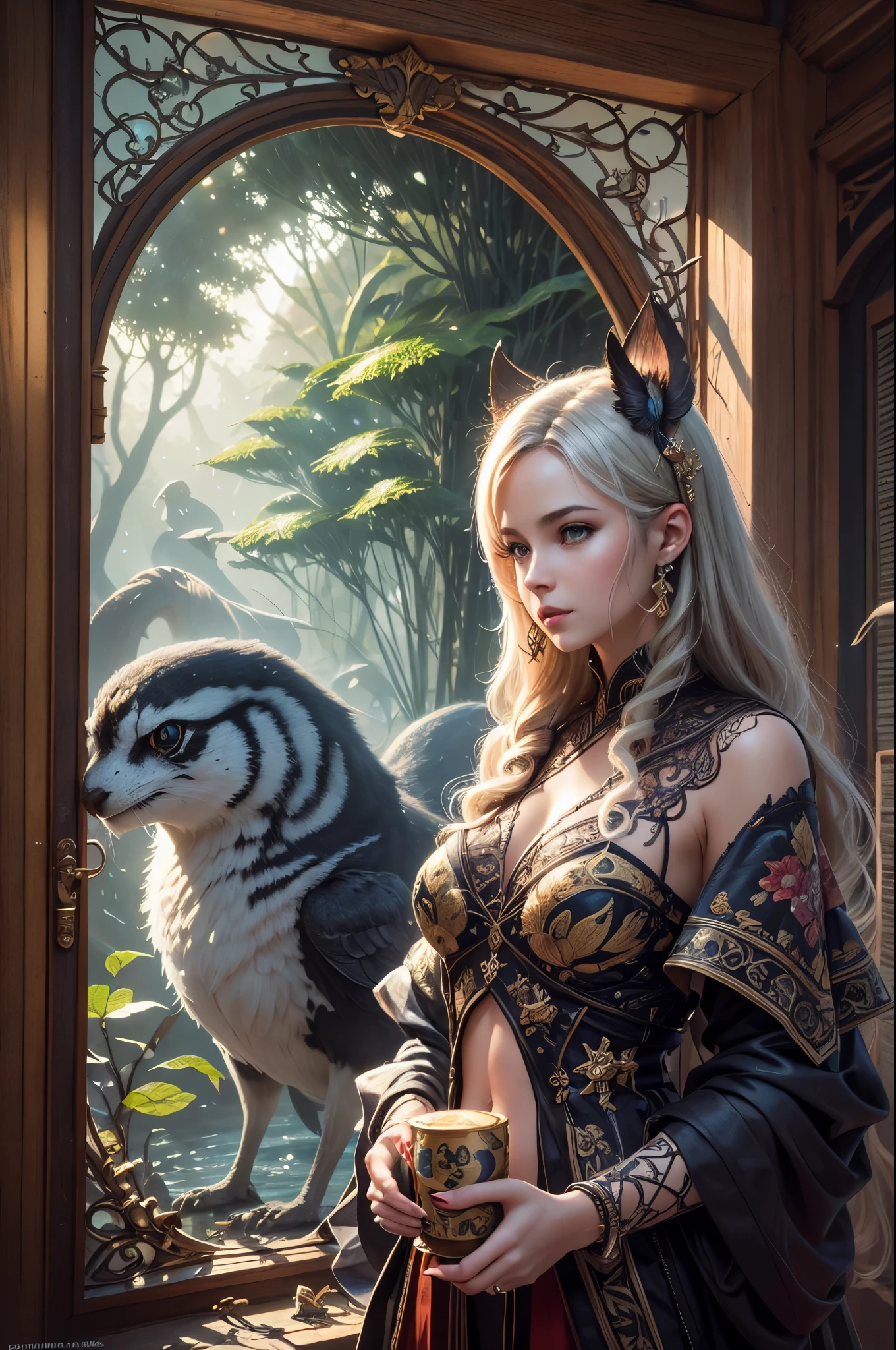 "Artistic rendering, fantasy realm, girl and her magical companions, luminous cave, extraordinary magic, epic adventure, intricate details
