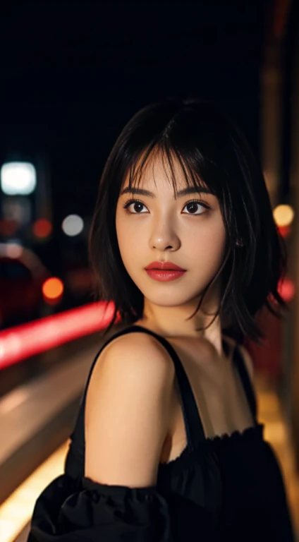 1girl, Tokyo street,night, cityscape,city lights, upper body,close-up, 8k, RAW photo, best quality, masterpiece,realistic, photo-realistic,