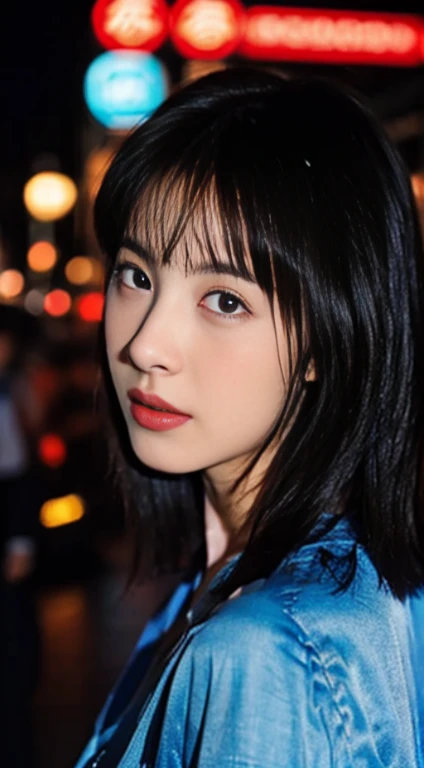 1girl, Tokyo street,night, cityscape,city lights, upper body,close-up, 8k, RAW photo, best quality, masterpiece,realistic, photo-realistic,