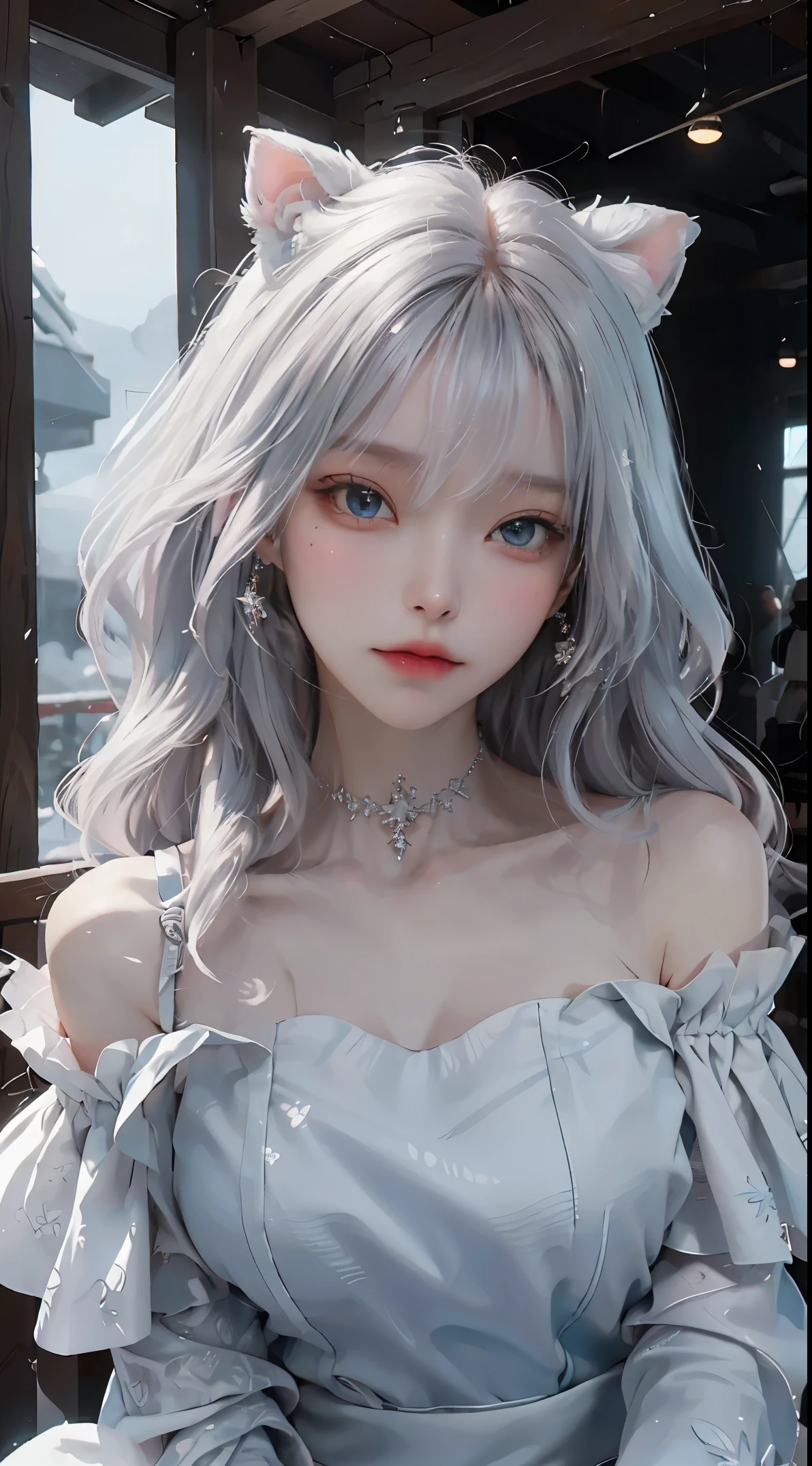 ((best qualtiy)), ((tmasterpiece)), (detail:1.4), Beautiful cyberpunk Japan woman image,, nffsw(HighDynamicRange),Ray traching,NVIDIA RTX,Hyper-Resolution,illusory 5,Sub-surface scattering,PBR Textures,post processed,Anisotropy Filtering,depth of fieldaximum definition and sharpnesulti-layer texture,Albedo e mapas Speculares,Surface Colorinitsu-Accurate simulation of material interactions,Perfectly proportioned,rendering by octane,Two-colored light,Large aperture,Low ISO,White Balance,Rule three points、8K raw data、Beautiful bright red pupils,Off-the-shoulder clothing,Fine pupils,Delicate face and eyes,long eyelasher,Blushlush,Delicate and fluffy hair,Light blue gradient on gray hair,lip,pure,Cute face,Sweet girl,Artistic sense,Casual wear,Advanced Sense,Snowflake,flower petals,Snowflake,Briar snow background, Beautiful Hair Accessories,long hair and waist,Hair fluttering in the wind,Snow White cat ears, Curly