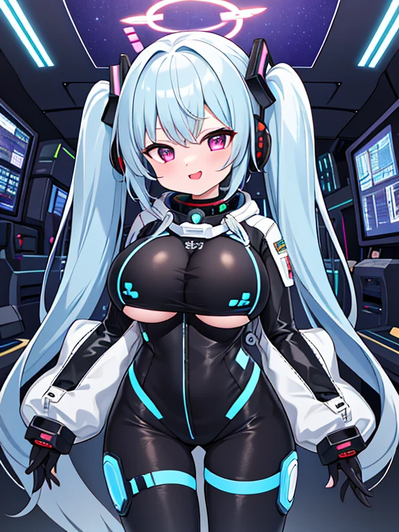 very detailed、masterpiece、high quality、one high school girl、、Loli、(white blue space suit)、front zipper、(Futuristic, Tight Fit Bodysuit)、headphone、Cyberpunk space station interior background、(colorful light blue hair),ロングtwin tails, (pink eyes), change,twin tails,sassy change,cheey change,mesugaki,girl,天才girl、(big breast):1.0,(blush):1.1、halo、