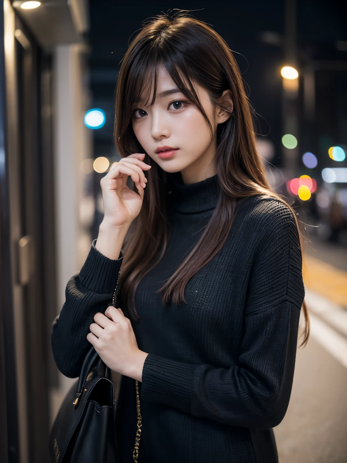 masterpiece、1 beautiful girl、detailed eye、puffy eyes、highest quality, Super high resolution, (reality: 1.4), movie lighting、asian beauty、Korean、Super beautiful、beautiful skin、Slender、body facing forward、(surreal)、(High resolution)、(8K)、(very detailed)、(beautiful detailed eyes)、(super detailed)、 (wall-)、detailed face、bright lighting、professional lighting、looking at the viewer、look straight ahead、Black knitwear、slanted bangs、night scene、brown hair、19 years old、expensive,