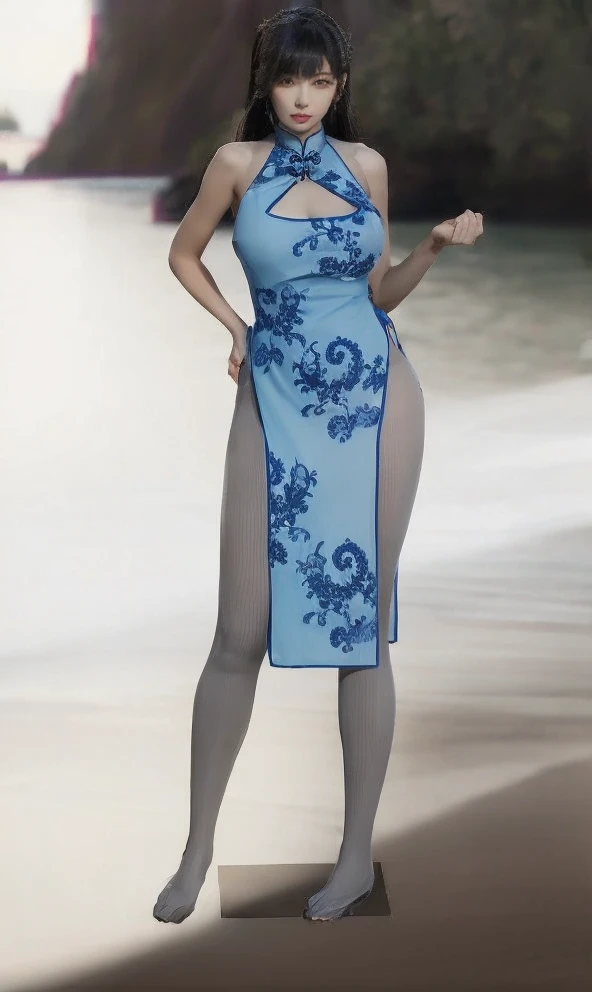A flight attendant，Blue and white porcelain cheongsam，Thick gray pantyhose，Cement gray stockings，Grey Stockings，Gray hip socks，Cocked buttocks，huge tit，Super detail，hyper HD,A high resolution,1080p,Anatomically correct，ccurate，Physical coordination，Photo portrait，slender thiest quality, Masterpiece, 超A high resolution, RAW photo, Beautiful and aesthetic,deepshadow, (Photorealistic:1.4), full-body composition, Striking perspective