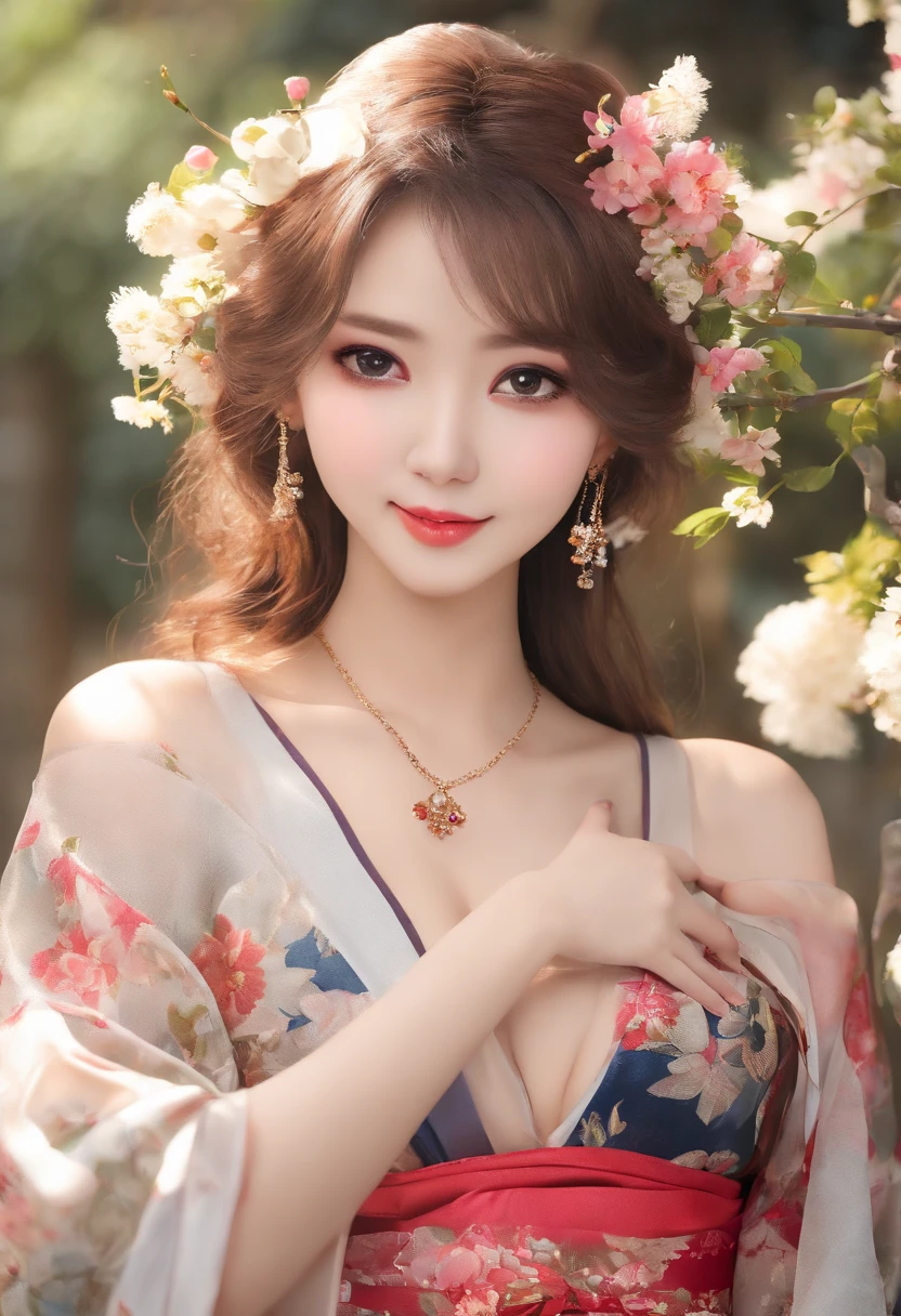 18 year old girl,(A face with more fine details:1.2), (Masterpiece:1.5), (Highest quality:1.2), (smile:1.2), (see people watching:1.2), ((?????? cleavage:1.2)), smile、Slender and beautiful girl、???? floral kimono with wide open ???????、???? shoulders、loveliness、Sexiness、Wrapped in flowers ULL BODYSHOT