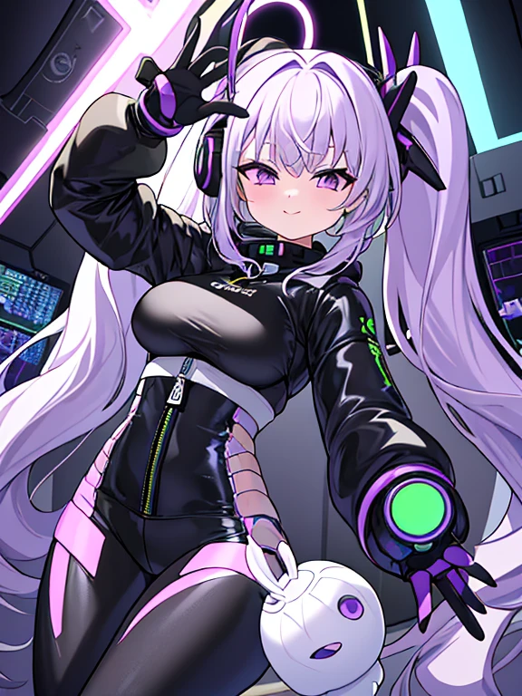 very detailed、masterpiece、high quality、one high school girl、12 years old、Loli、(black space suit、Yellow Accents)、front zipper、(Futuristic, Tight Fit Bodysuit)、headphone、Cyberpunk space station interior background、(colorful purple hair),ロングtwin tails, (pink eyes), change,twin tails,sassy change，cheey change，mesugaki,girl,天才girl、(big breast):1.0,(blush):1.1、halo、